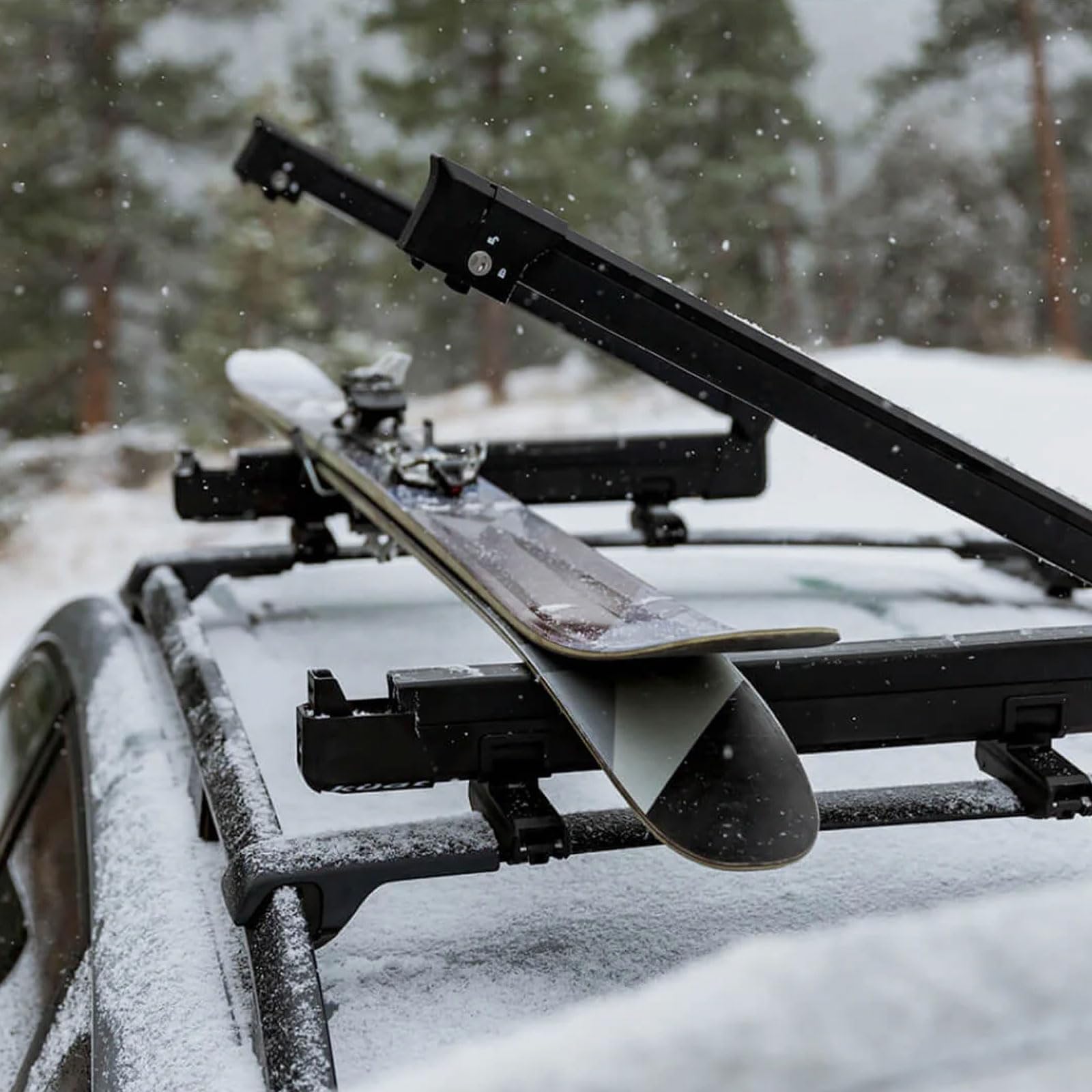 KUAT Switch Universal Sturdy Car Rooftop Crossbars Mounted Winter Sports Gear Clamshell Flip Down Quick Release Ski and Snowboarding Rack with Integrated Locks, Black, Switch 4-4 Skis