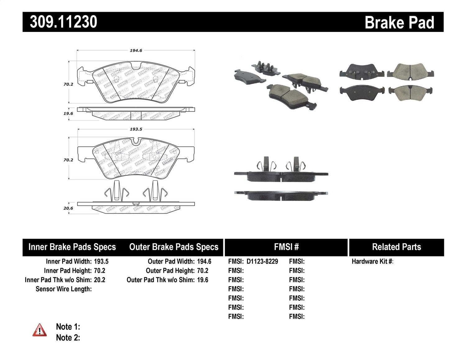 Sport Brake Pads StopTech 309.11230 with Shims and Hardware