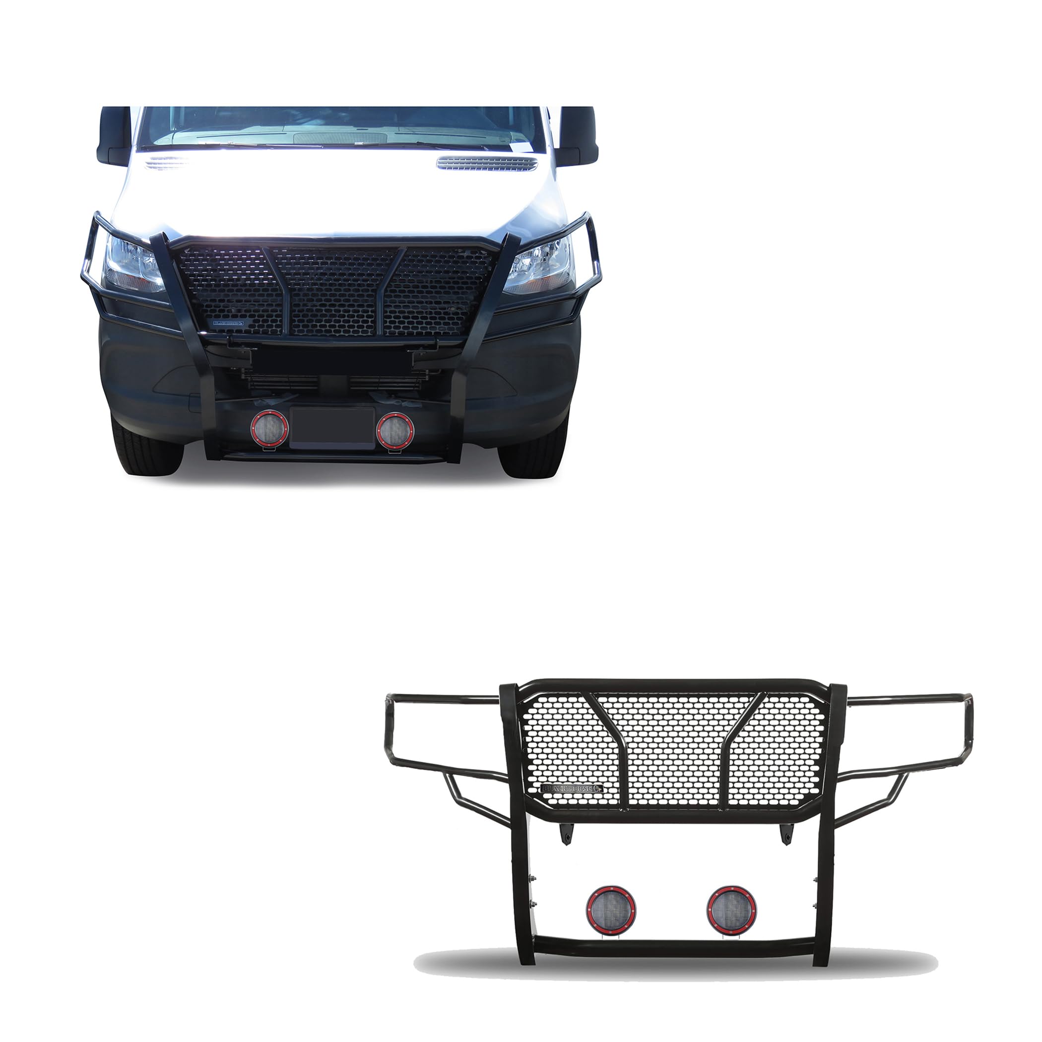 Heavy Duty Black Horse Rugged Grille Brush Bumper Guard Modular Come with Pair of 5.3" LED Lights Compatible with 2019-2025 Dodge Sprinter-Benz Sprinter 1500/2500/3500-RU-DOSP19-B-PLFR