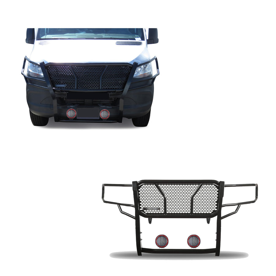 Heavy Duty Black Horse Rugged Grille Brush Bumper Guard Modular Come with Pair of 5.3" LED Lights Compatible with 2019-2025 Dodge Sprinter-Benz Sprinter 1500/2500/3500-RU-DOSP19-B-PLFR