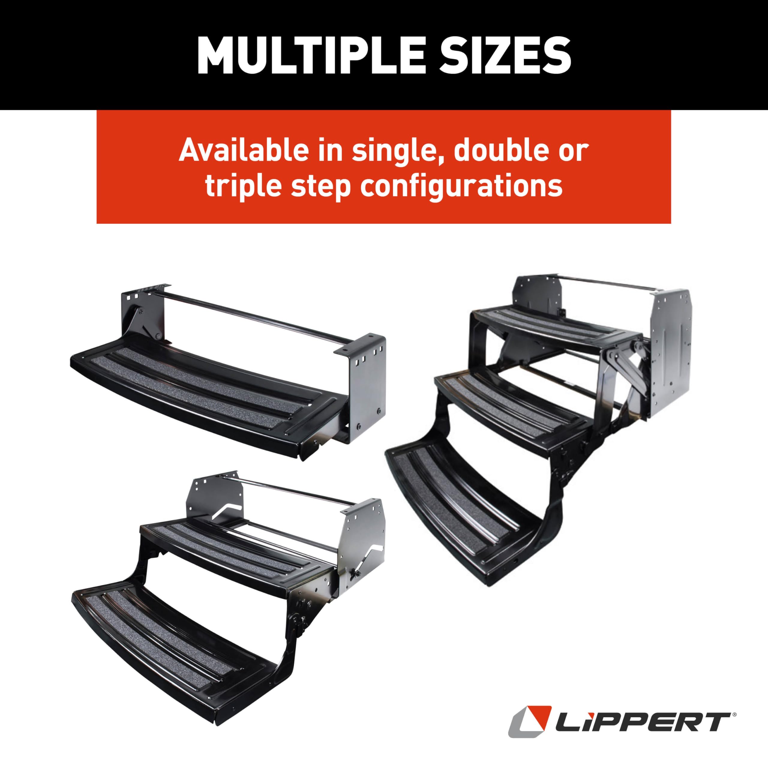 Lippert 24" Radius Double Manual RV Step Assembly, 8" Rise, 300 lbs. Anti-Slip Steps, Compact One-Hand Expand or Collapse, Black Powder Coat, Travel Trailers, 5th Wheels, Campers - 432682