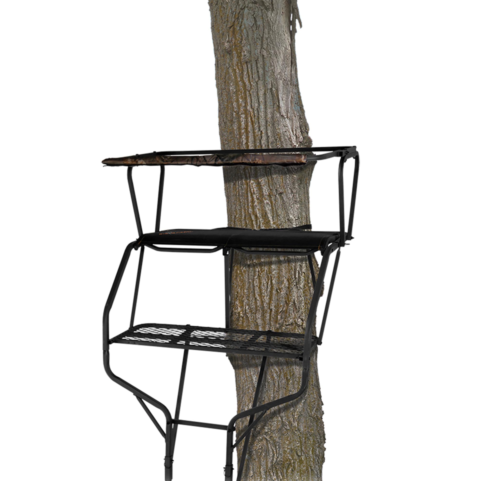 2-Person Big Game Ladder Tree Stand For Hunting Deer with Seats, 18' Tall, Camo/Black - Adjustable Climbing Treestand with Platform and Safety Harness for Shooting