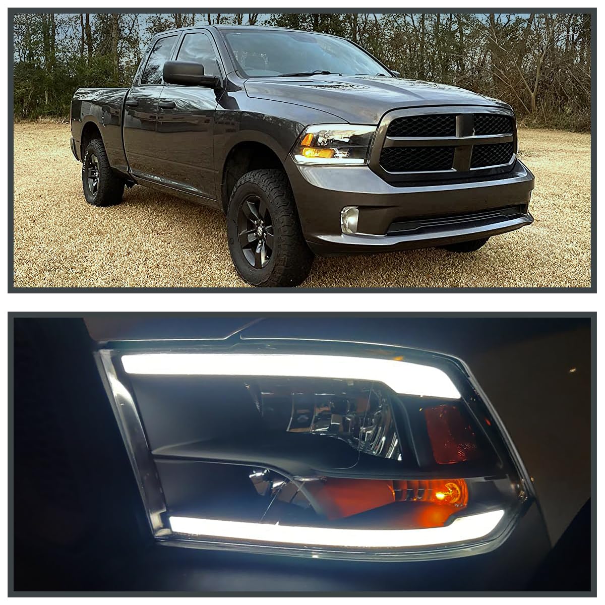 Black SPEC-D TUNING Headlights w/LED Tube Compatible with 2009-2018 Dodge Ram 1500 2500 3500 Quad Style, Left + Right Assembly