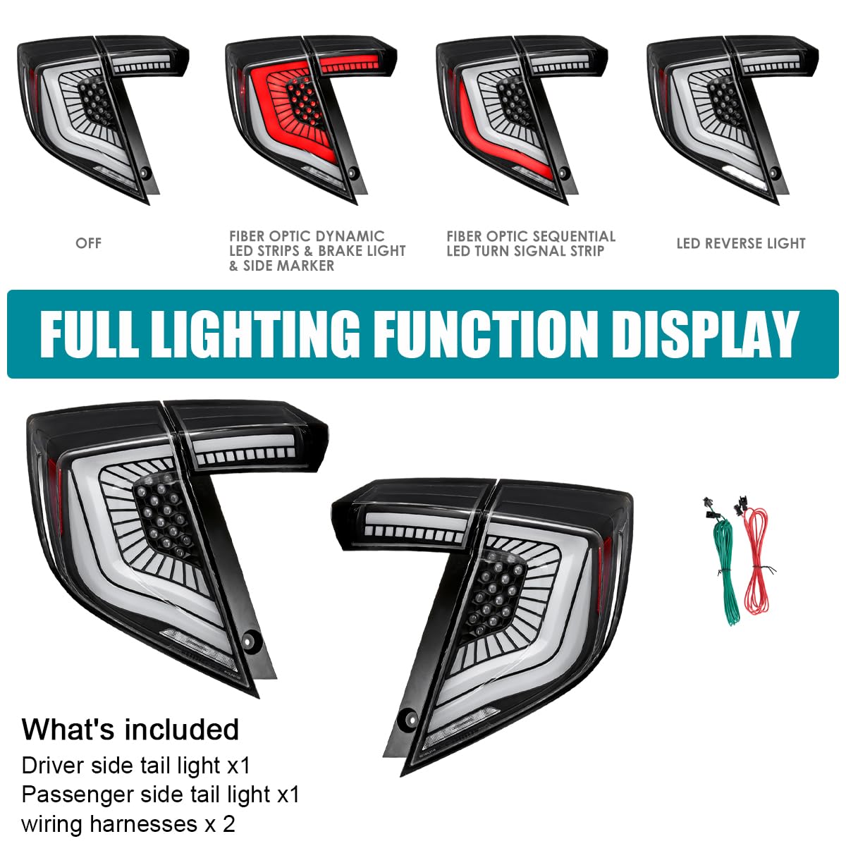 Black LED Tail Lights SPEC-D TUNING w/LED Sequential Turn Signals and Startup Animation Compatible with 2017-2021 Honda Civic Hatchback, Left + Right Pair Headlamp Assembly
