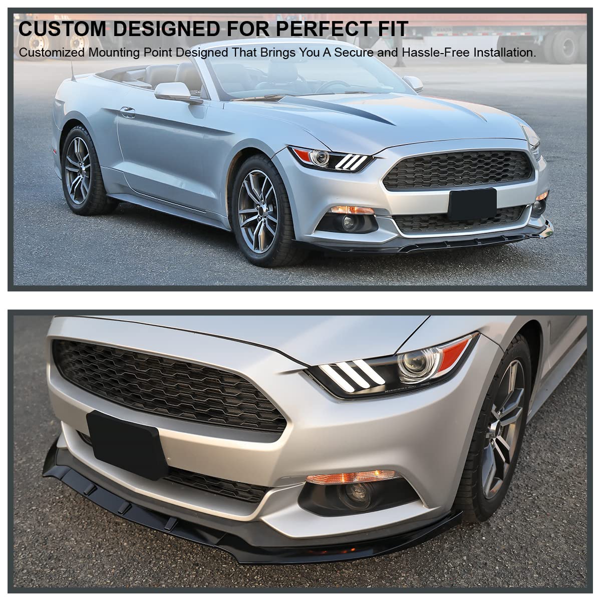 Front Bumper Lip Spoiler Splitter Spec-D Tuning Glossy Black 3PC Compatible with 2015-2020 Ford Mustang