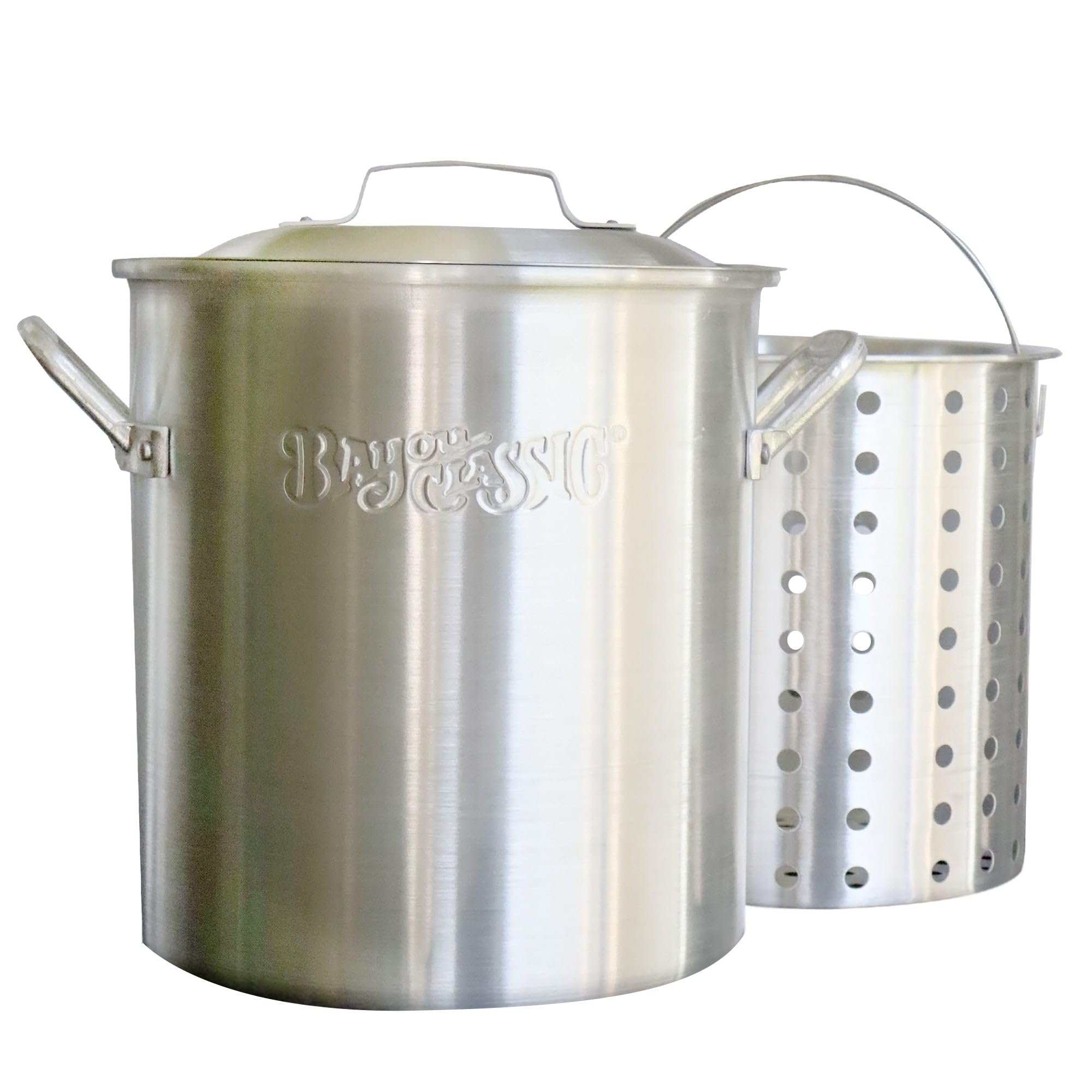 25-qt Bayou Classic Aluminum Shrimp Pot Features Perforated Basket Domed Vented Lid Heavy Riveted Handles Perfect For a Classic Shrimp Boil