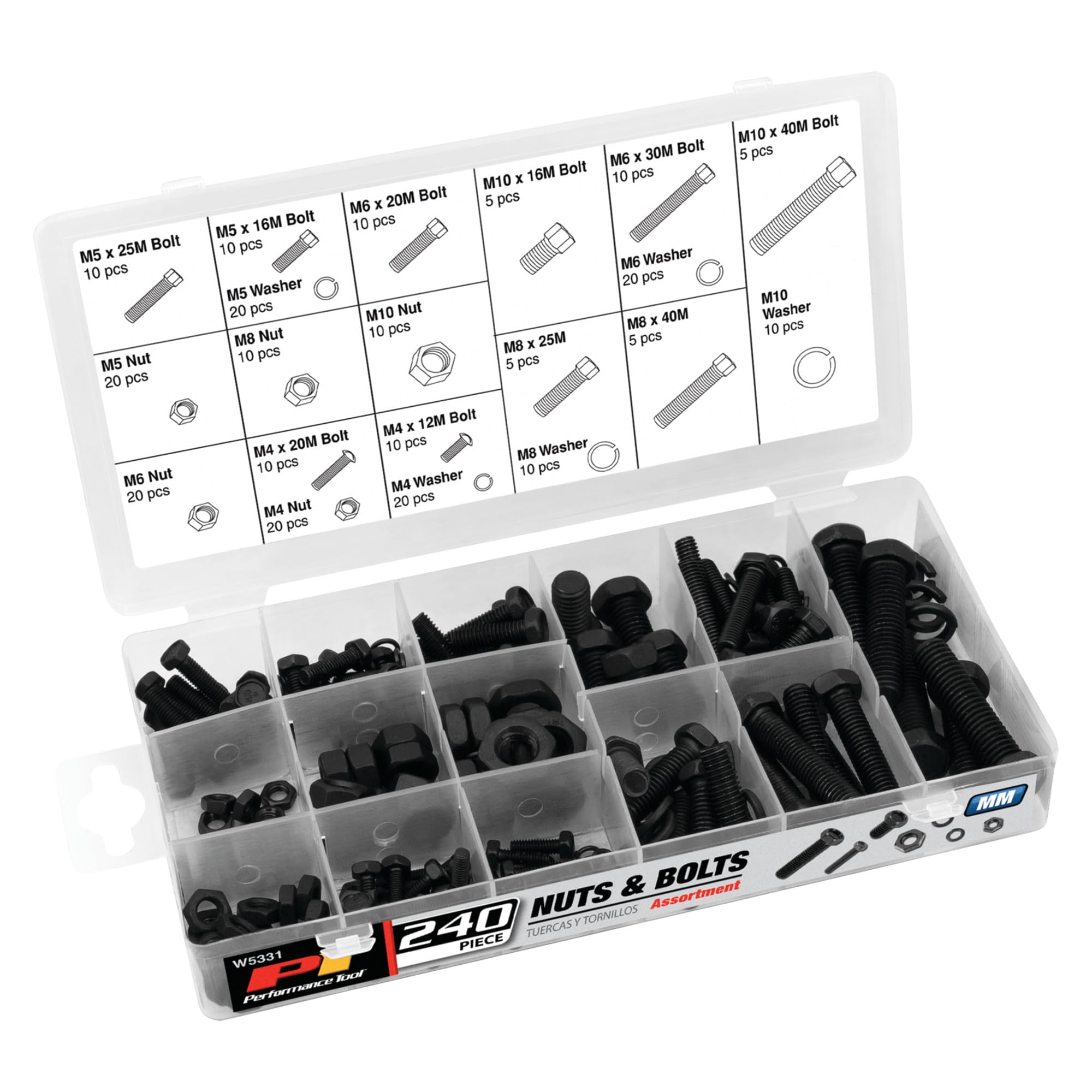 240pc Performance Tool W5331 Nuts and Bolts Assortment With Case Metric