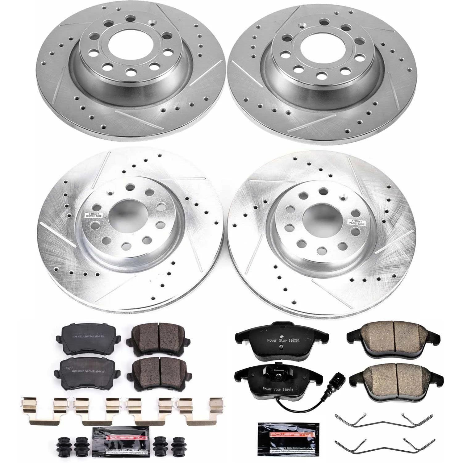 Power Stop K7339 Z23 Carbon Fiber Brake Pads Front and Rear with Drilled & Slotted Brake Rotors Kit For Audi, Audi Q3 Quat, VW Tiguan, VW Tiguan Limited [Model Specific]