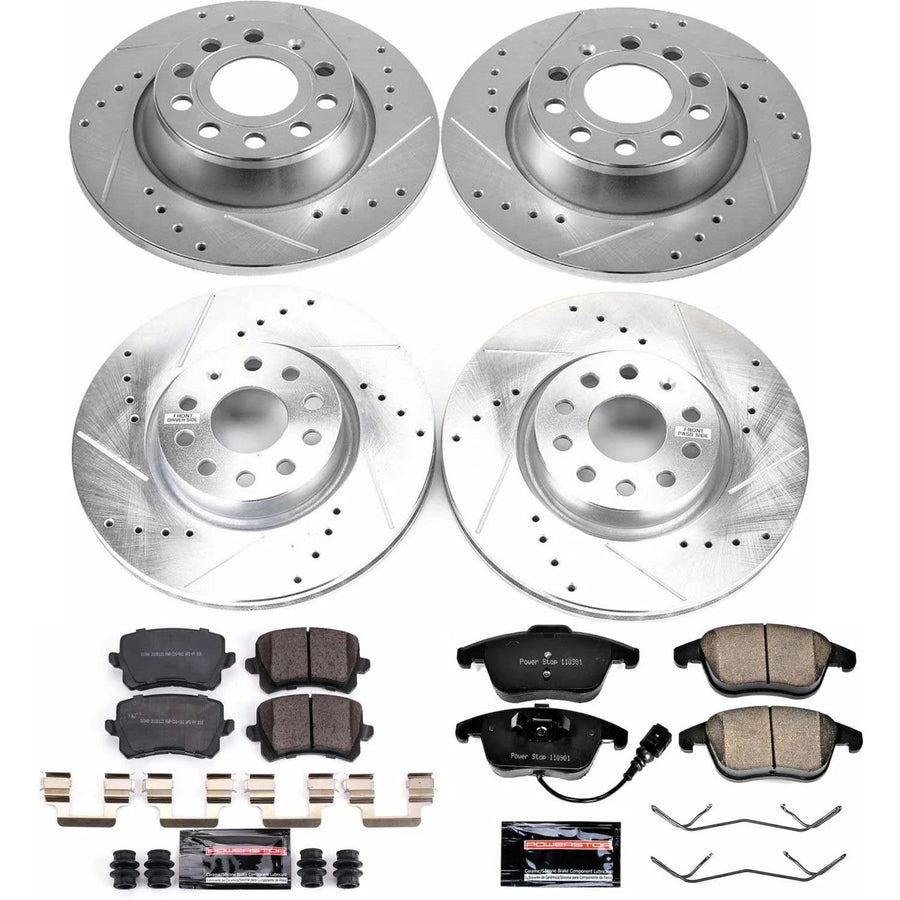 Power Stop K7339 Z23 Carbon Fiber Brake Pads Front and Rear with Drilled & Slotted Brake Rotors Kit For Audi, Audi Q3 Quat, VW Tiguan, VW Tiguan Limited [Model Specific]