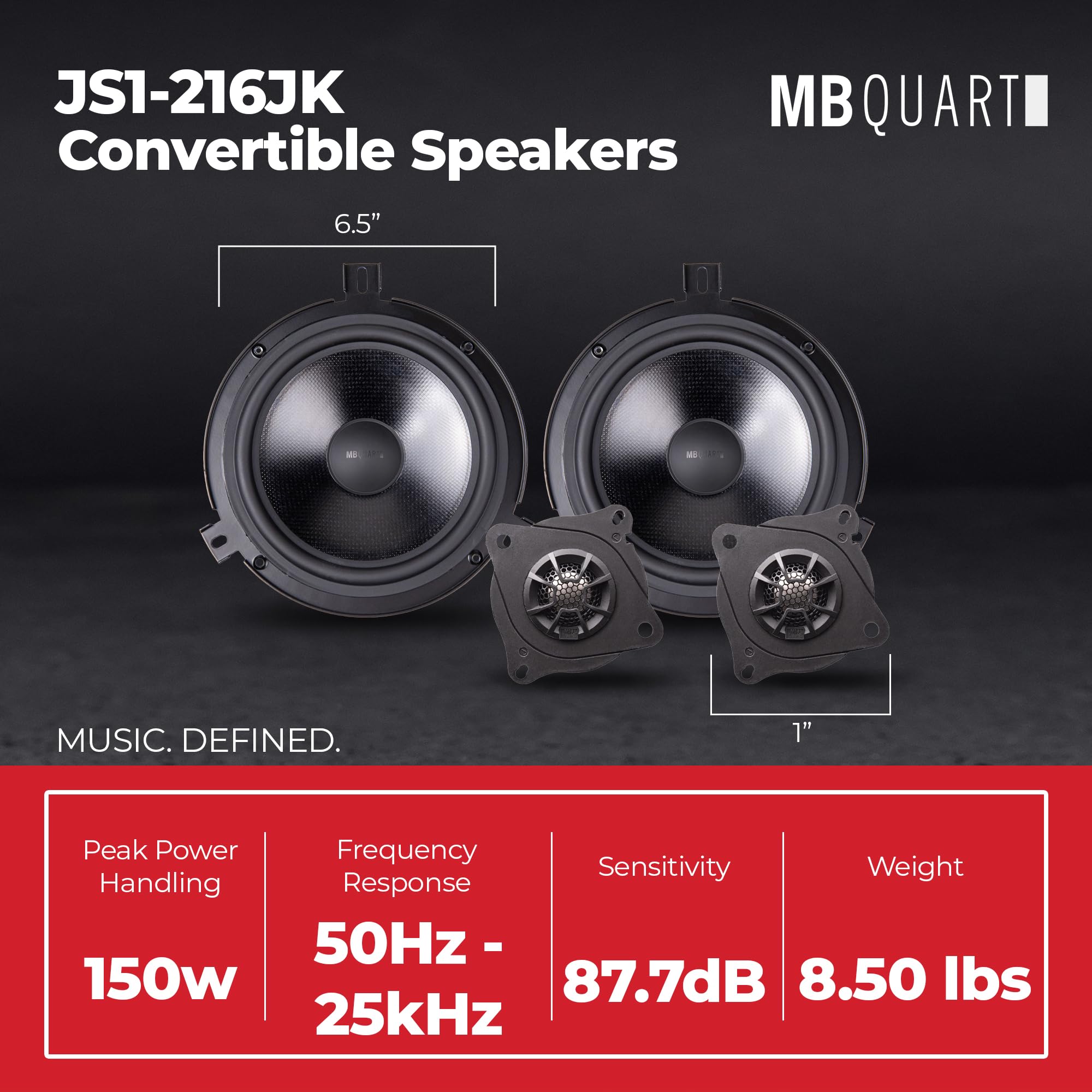 Tuned Audio Package MB Quart 6.5" Convertible Speakers for Jeep Wrangler (07-18), Front and Rear Speaker Upgrades with Titanium Dome Tweeters