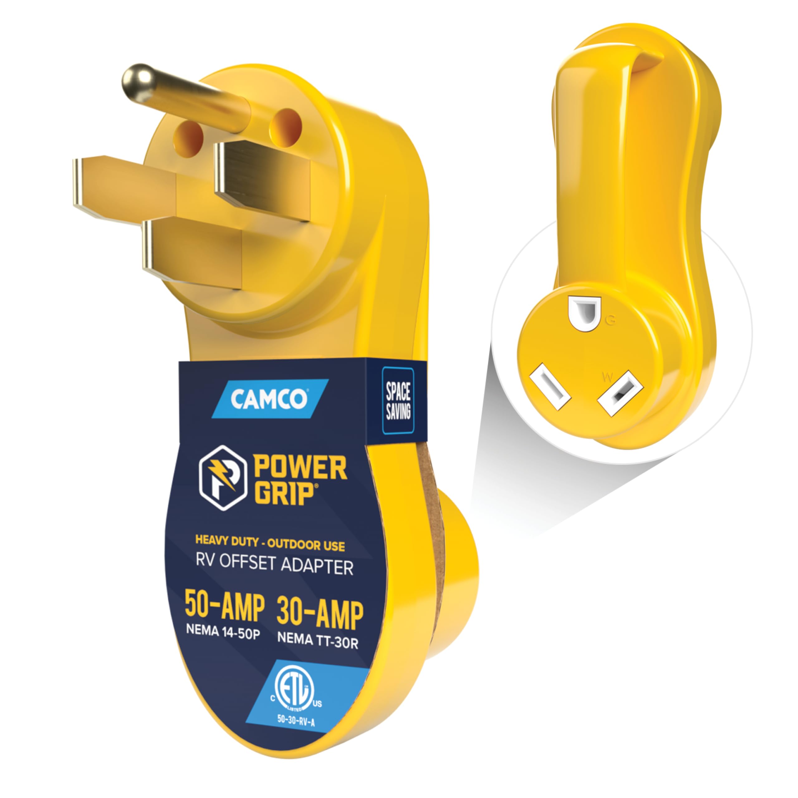 Camco Power Grip Electrical Adapter Offset - 50 amp to 30 amp RV Power Adapter - Design to Relieve Cord Stress (55135)