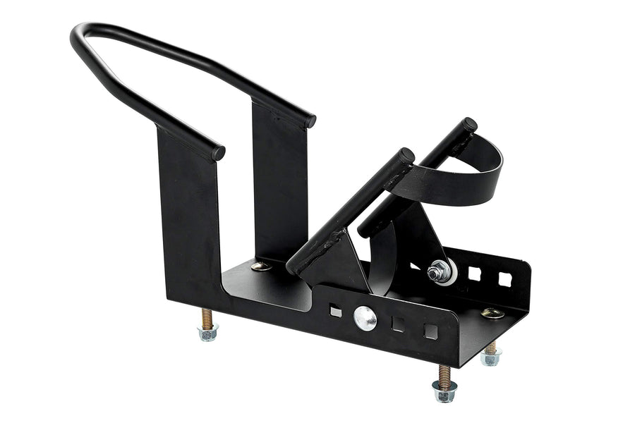 Motorcycle Wheel Chock Camco for Trailer - Includes Handlebar Straps & Mounting Hardware - Keep Your Motorcycle Upright During Transit - Mountable to Trailer or Truck Bed - Universal Tire Fit (66100)