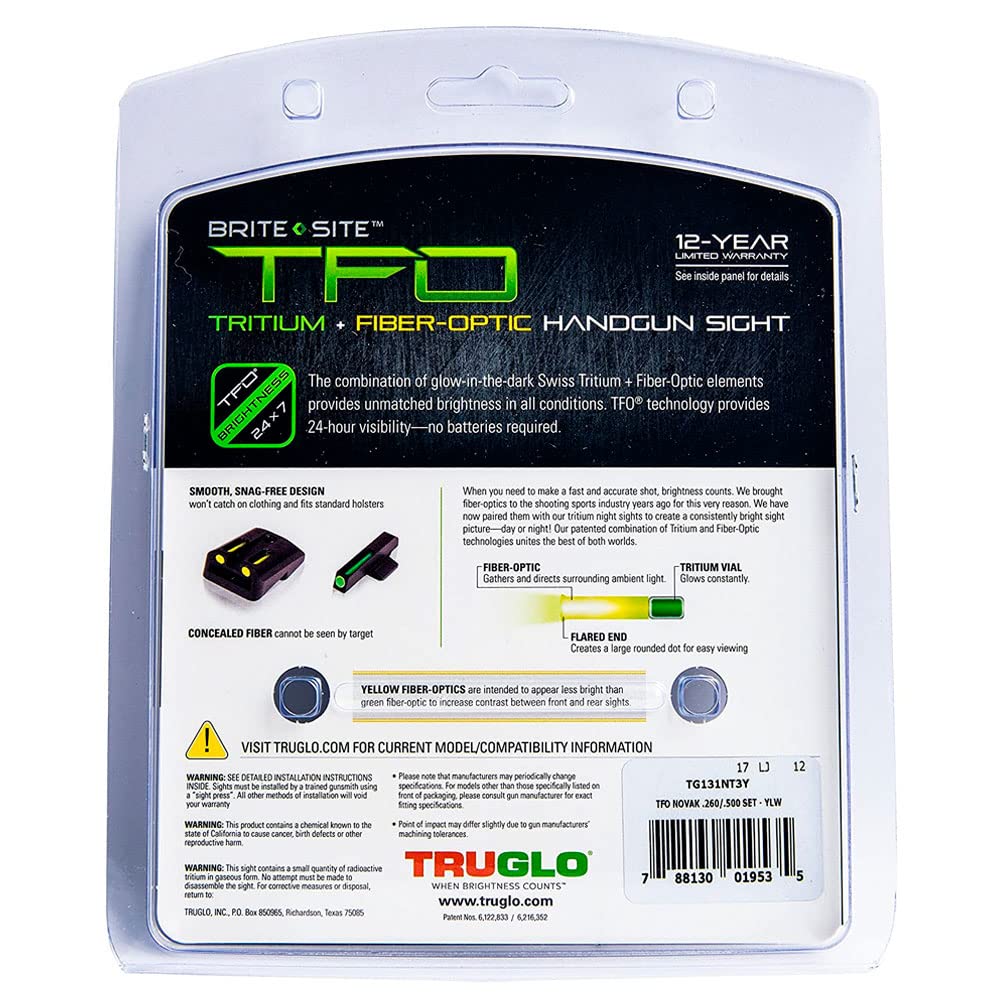 TFO TRUGLO Handgun Sight Set - Fits Novak LoMount Cut .260/.500 (Yellow/Green)