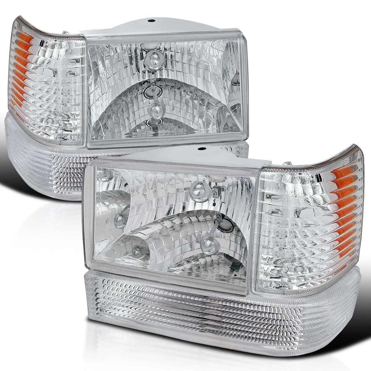 Chrome Housing Clear Lens Headlights + Bumper Lights + Corner Lamps SPEC-D TUNING Compatible with 1993-1996 Jeep Grand Cherokee, Left + Right Pair Headlamps Assembly
