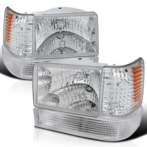 Chrome Housing Clear Lens Headlights + Bumper Lights + Corner Lamps SPEC-D TUNING Compatible with 1993-1996 Jeep Grand Cherokee, Left + Right Pair Headlamps Assembly