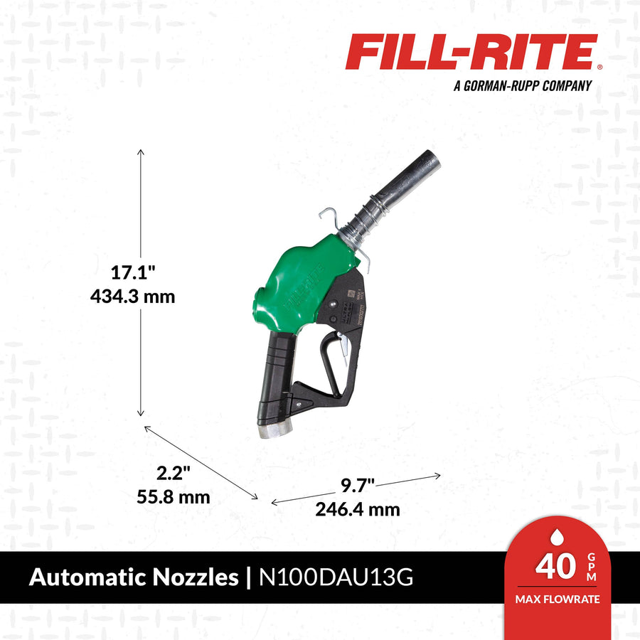 N100DAU13G Fill-Rite 1" 5-40 GPM (19-150 LPM) Ultra High Flow Automatic Nozzle - Compatible with Gasoline, Diesel, Biodiesel up to B20, E15 & Kerosene - Green