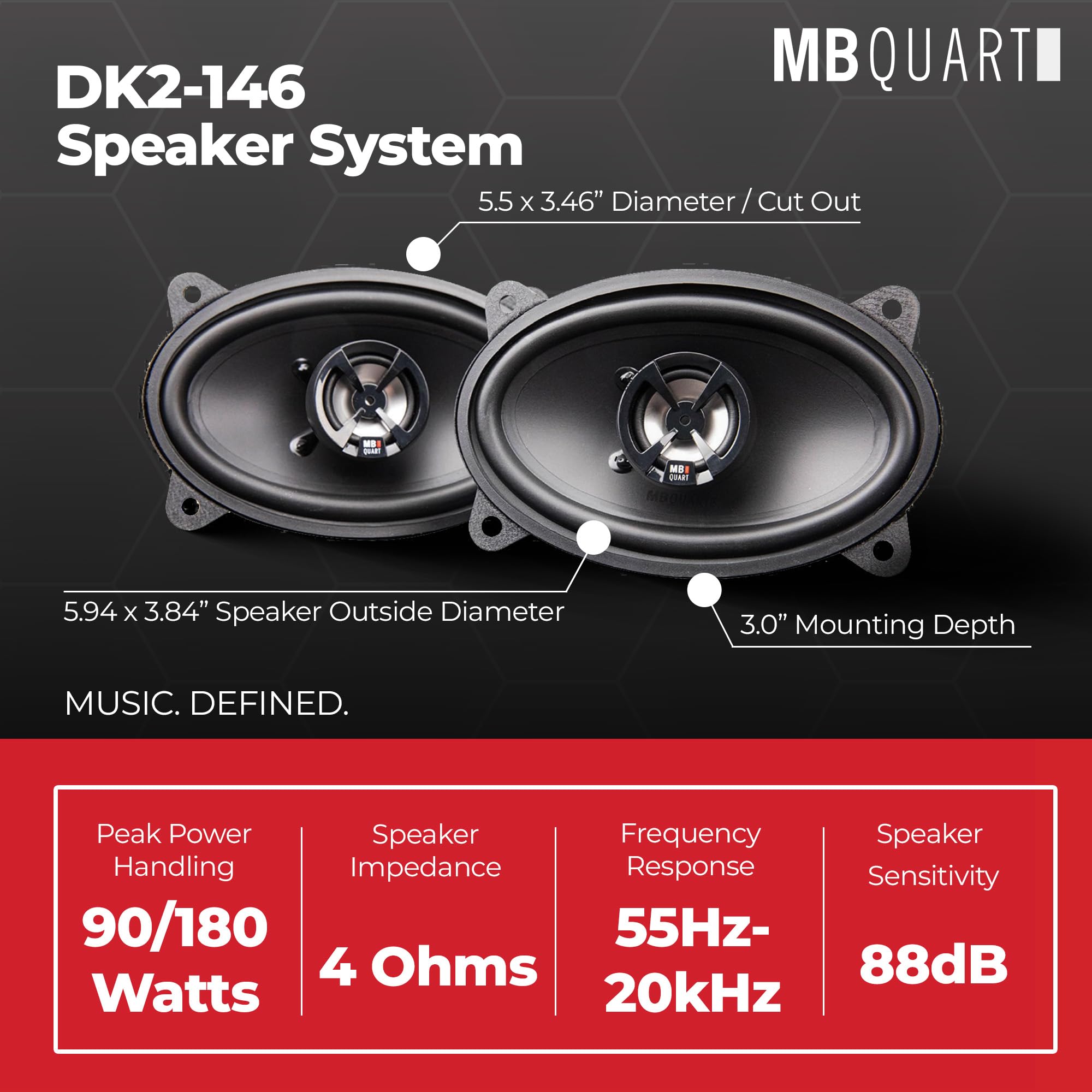 MB Quart 2 Way Car Audio Coaxial Speakers 4x6" with Polypropylene Cones & Butyl Rubber Surrounds for Enhanced Quality, 180W Peak Power, 88 dB, Pair