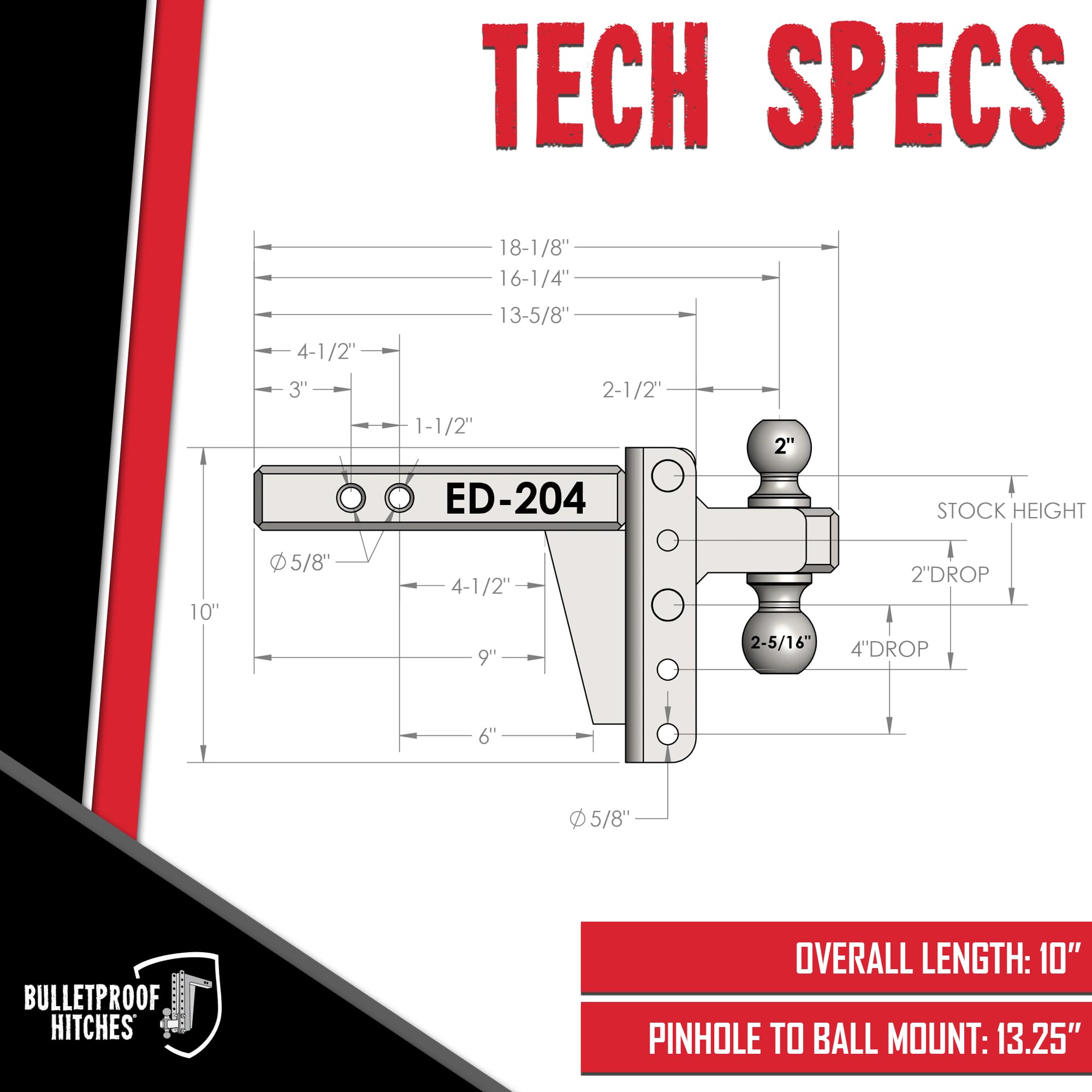 2.0" BulletProof Hitches Adjustable Extreme Duty Trailer Hitch (30,000 lb. Rating) - 4" Drop/Rise with 2" and 2 5/16" Dual Ball - Powder Coat, Solid Steel, Corrosion-Resistant