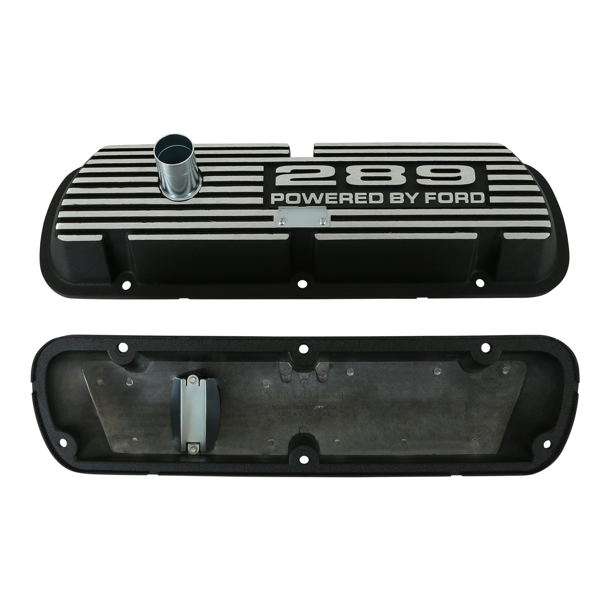Aluminum Valve Covers Scott Drake with Official 289" "Powered by Ford Lettering in a Silver Powder Coated Finish, Compatible with 1964-1973 Ford Mustang, Model 6A582-289