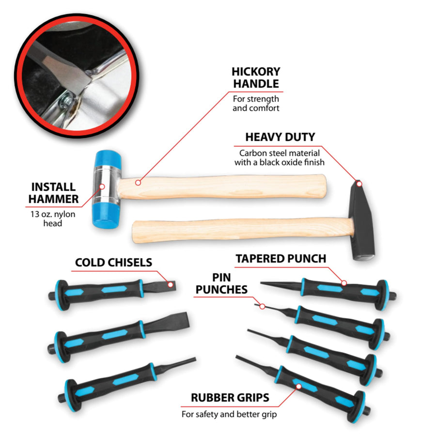 M7047 Performance Tool 9 Pc. Hammer and Punch Set - Nylon Install Hammer, Machinist's Hammer, Cold Chisels, Pin Punches, Tapered Punch, Carbon Steel, Rubber Grips, Black/Orange