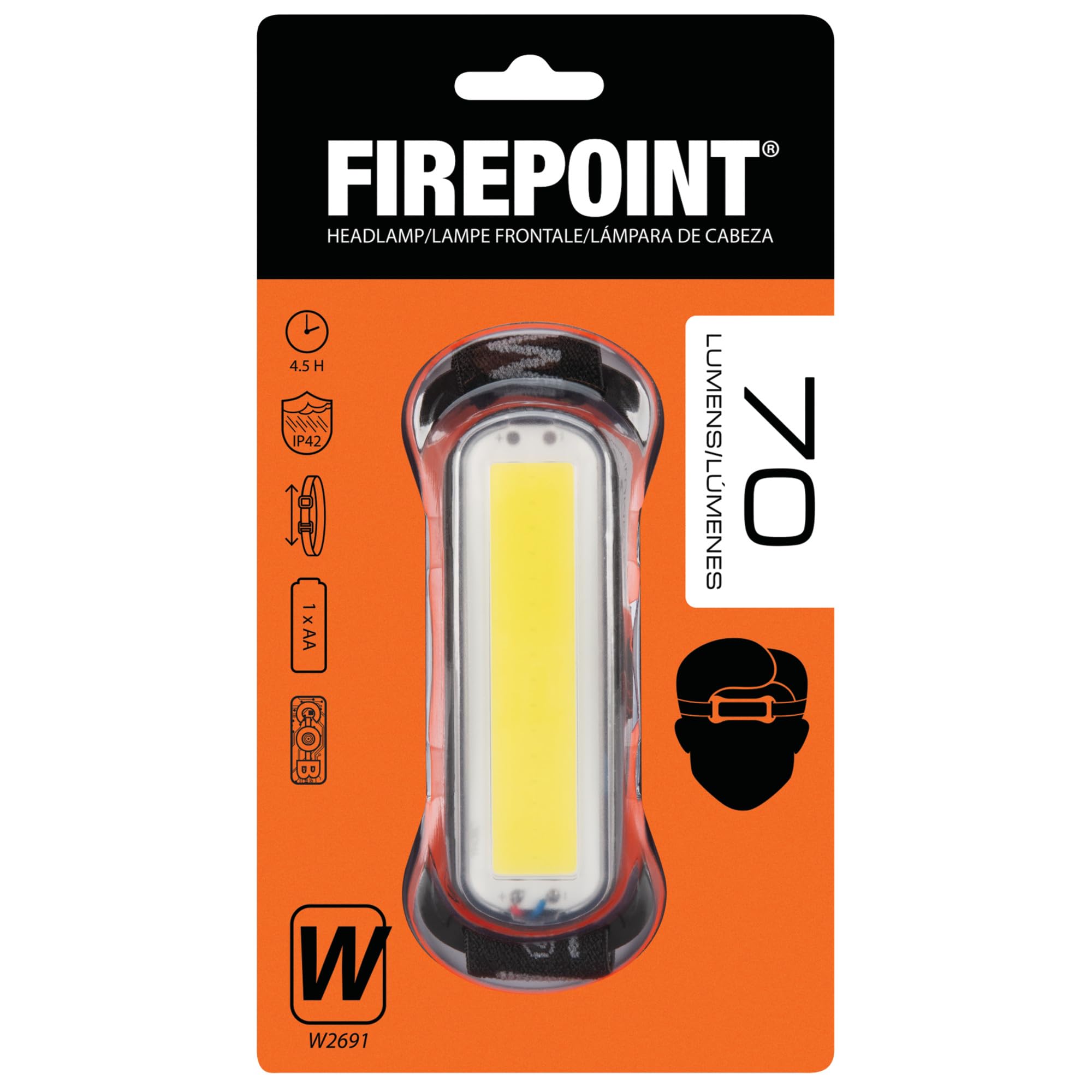 Firepoint Performance Tool W2691 70LM AA Headlamp - Adjustable Elastic Strap, COB LED Strip, Water-Resistant, Black