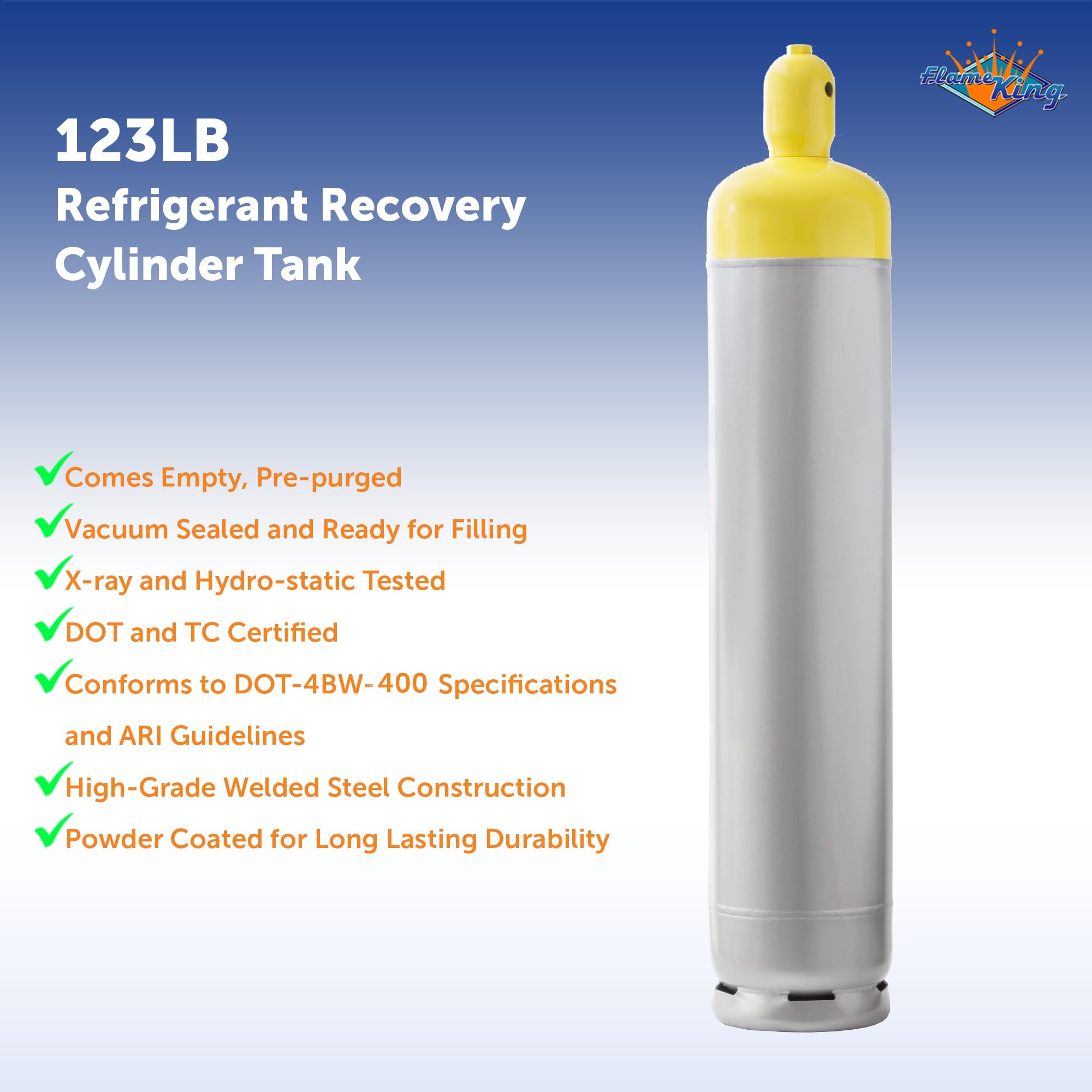 YSNR123 Flame King, 123LB Refrigerant Recovery Cylinder Tank, 400 PSI