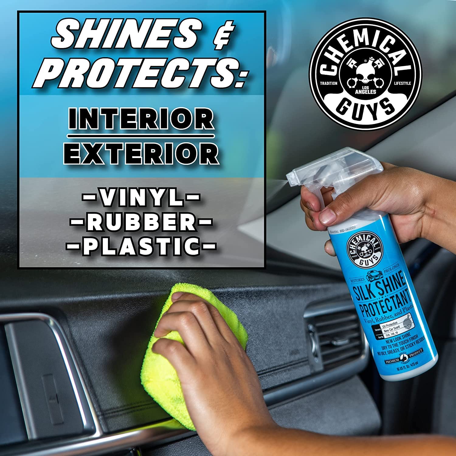 Chemical Guys Tire and Trim Dressing and Protectant Silk Shine – Non-Greasy Vinyl, Plastic & Rubber Spray, Plastic Restorer for Cars – Restores Shine for Cars, Trucks, Motorcycles, RVs, 16 fl oz