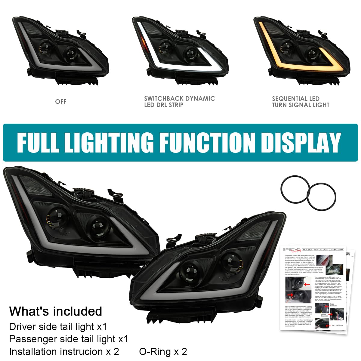 Black Smoke SPEC-D TUNING Projector Headlights w/LED Sequential Turn Signal and Startup Animation Compatible with 2008-2015 Infiniti G37, Q60 2DR Coupe, Left + Right Pair Headlamp Assembly