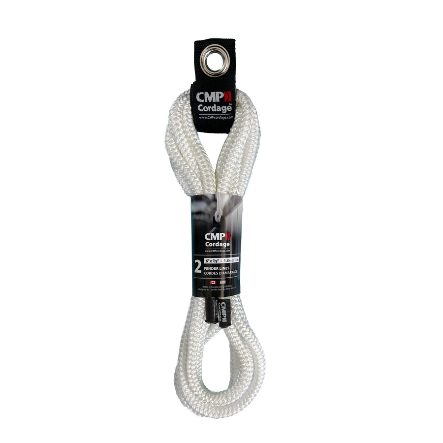 CMP Cordage Fender Line, CFL3806WH, 3/8" Diameter - 6' Length, Double Braid, White, 2 Per Pack