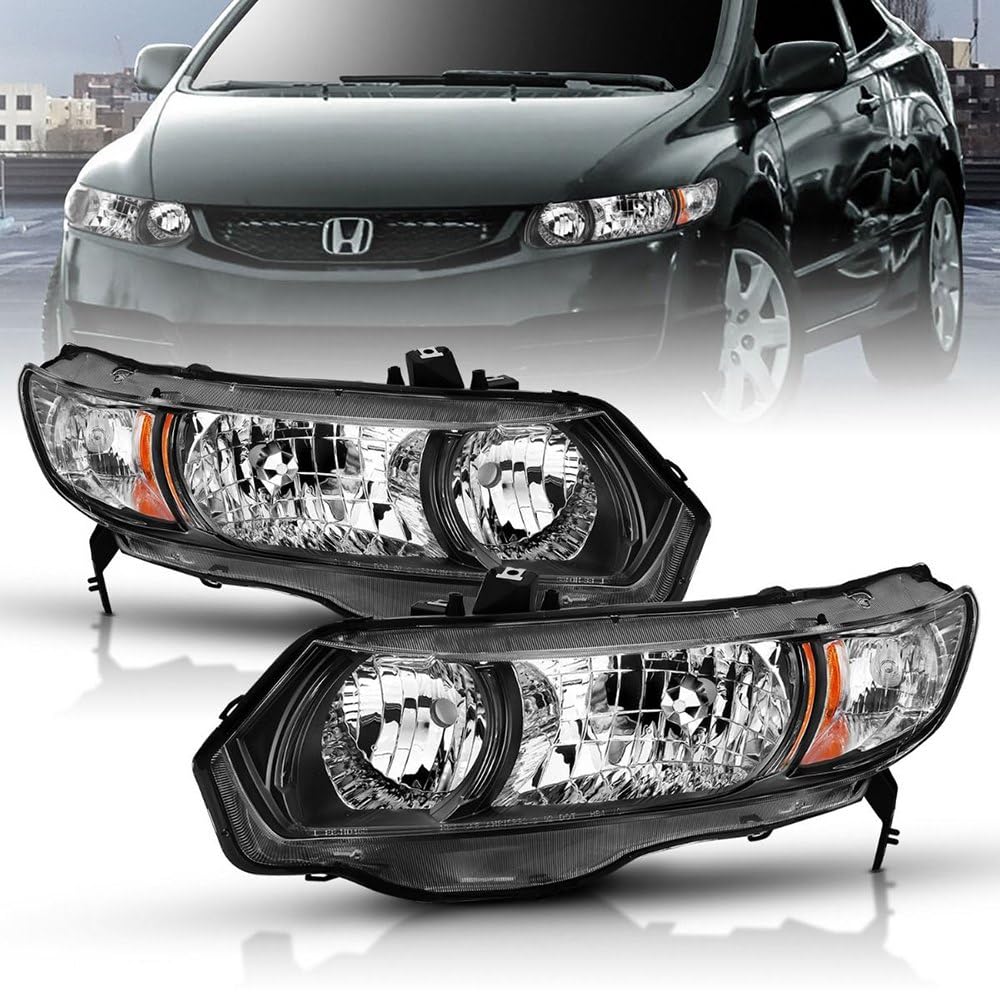 2006-2009 Honda Civic ANZO 2 Door Crystal Headlight Black Amber (OE Replacement)