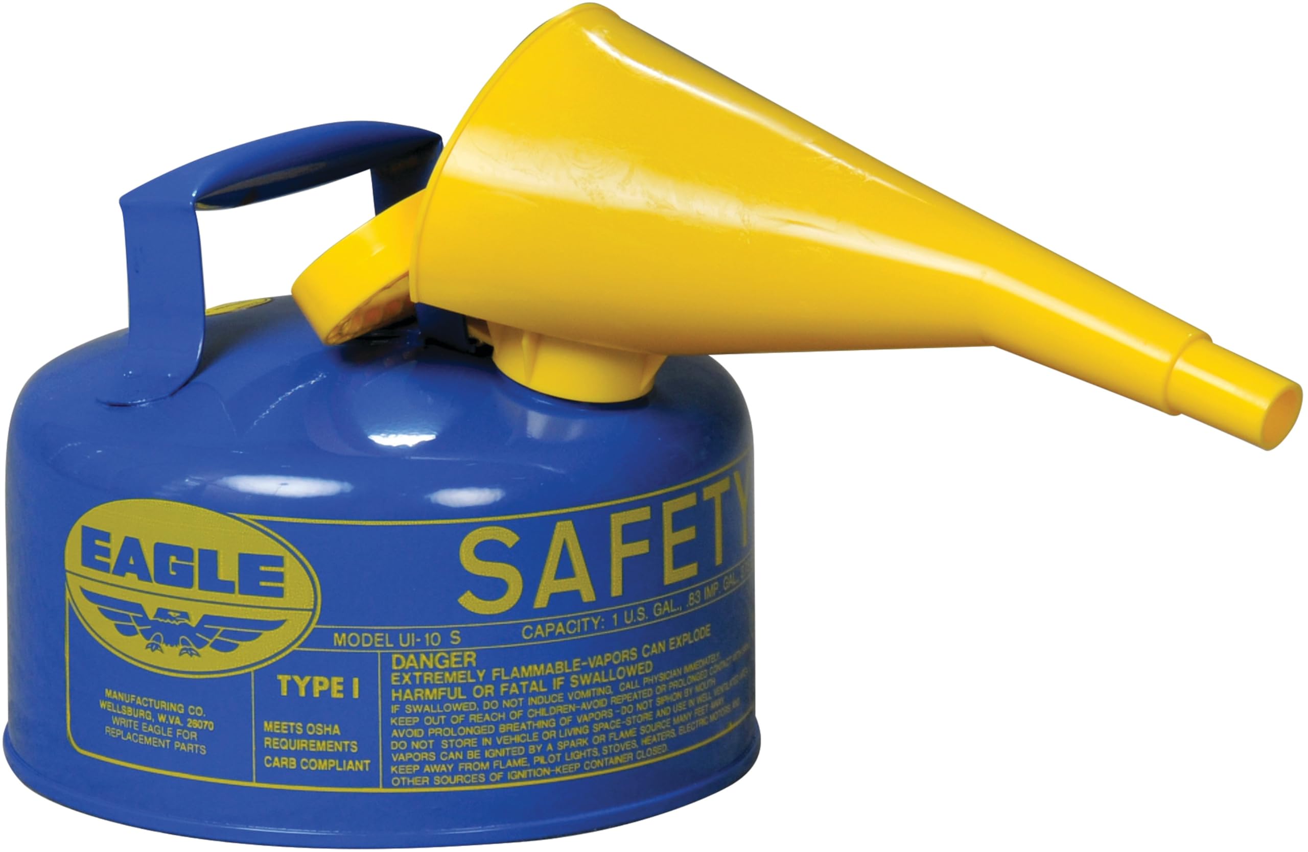 1 Gallon Eagle Type I Blue Safety Gas Can for Kerosene with Flame Arrester, Self-Closing Lid, and F-15 Funnel, Made in the USA, Galvanized Steel Flammable Storage Can, UI10FSB