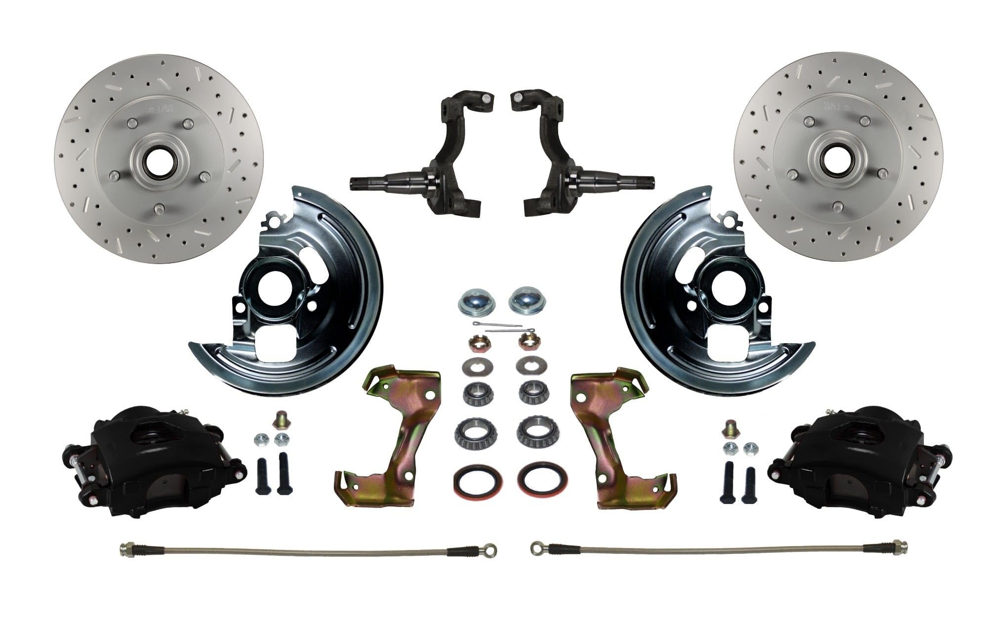 Spindle Mount Kit LEED BRAKES Cross Drilled And Slotted Rotors With Black Powder Coated Calipers