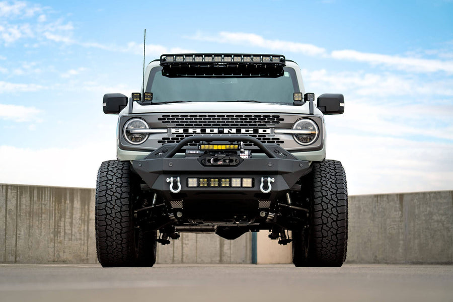 FS-15 Series DV8 Offroad Winch Front Bumper for 2021-2025 Ford Bronco | Works with OEM Parking Sensors | Adjustable Bull Bar Light Tabs | Combine with our Add On Wings & Steel Front Skid Plate