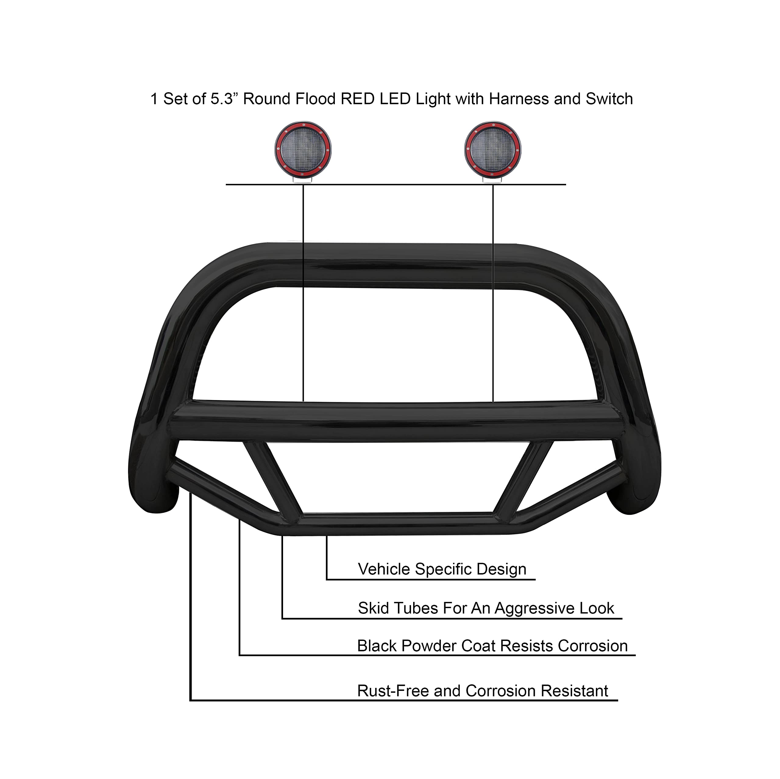 Max Bull Bar Kit Black Horse No Skid Plate Stainless Steel Compatible with 2005-2009 Chevrolet Equinox-MBS-GMC3105-PLFR
