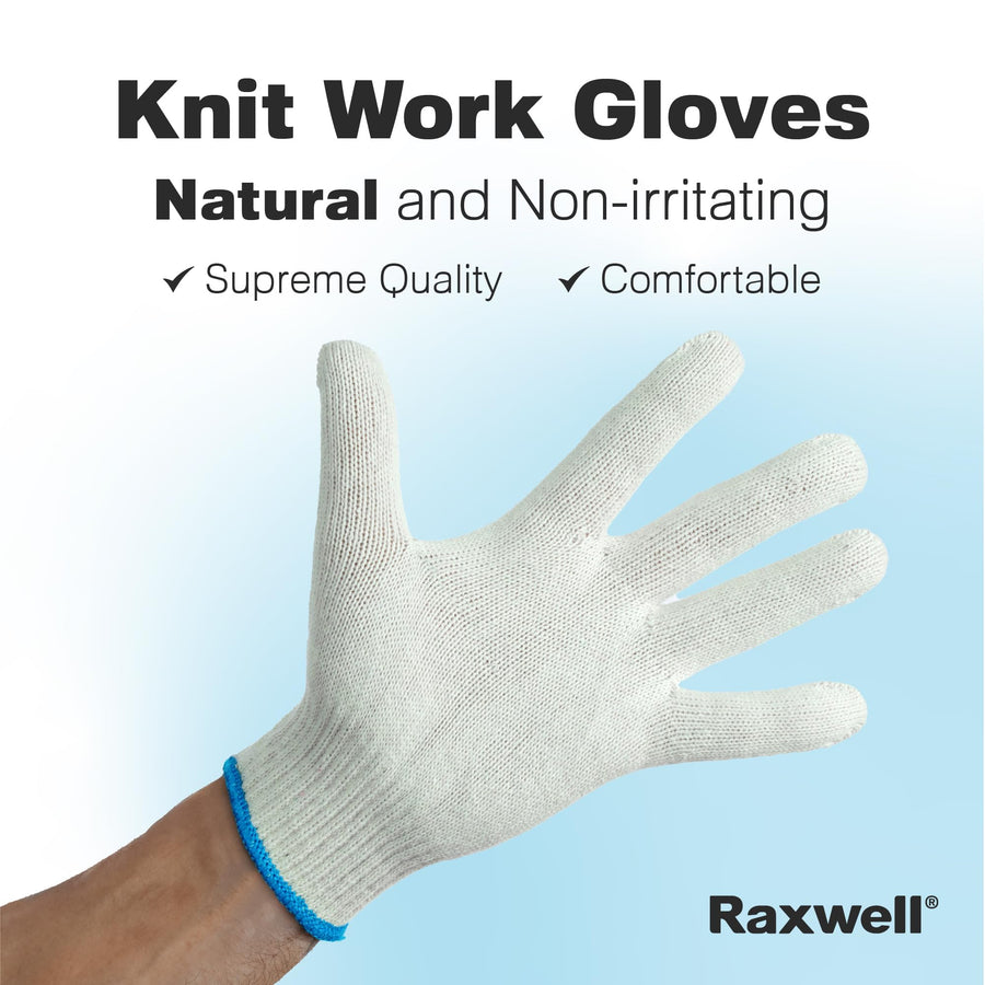White Cotton Gloves Raxwell - Premium Knit Work Gloves, 12 pairs - Durable Liners for BBQ, Painting, Gardening, Industrial, & Mechanics, Natural Color, Size Large