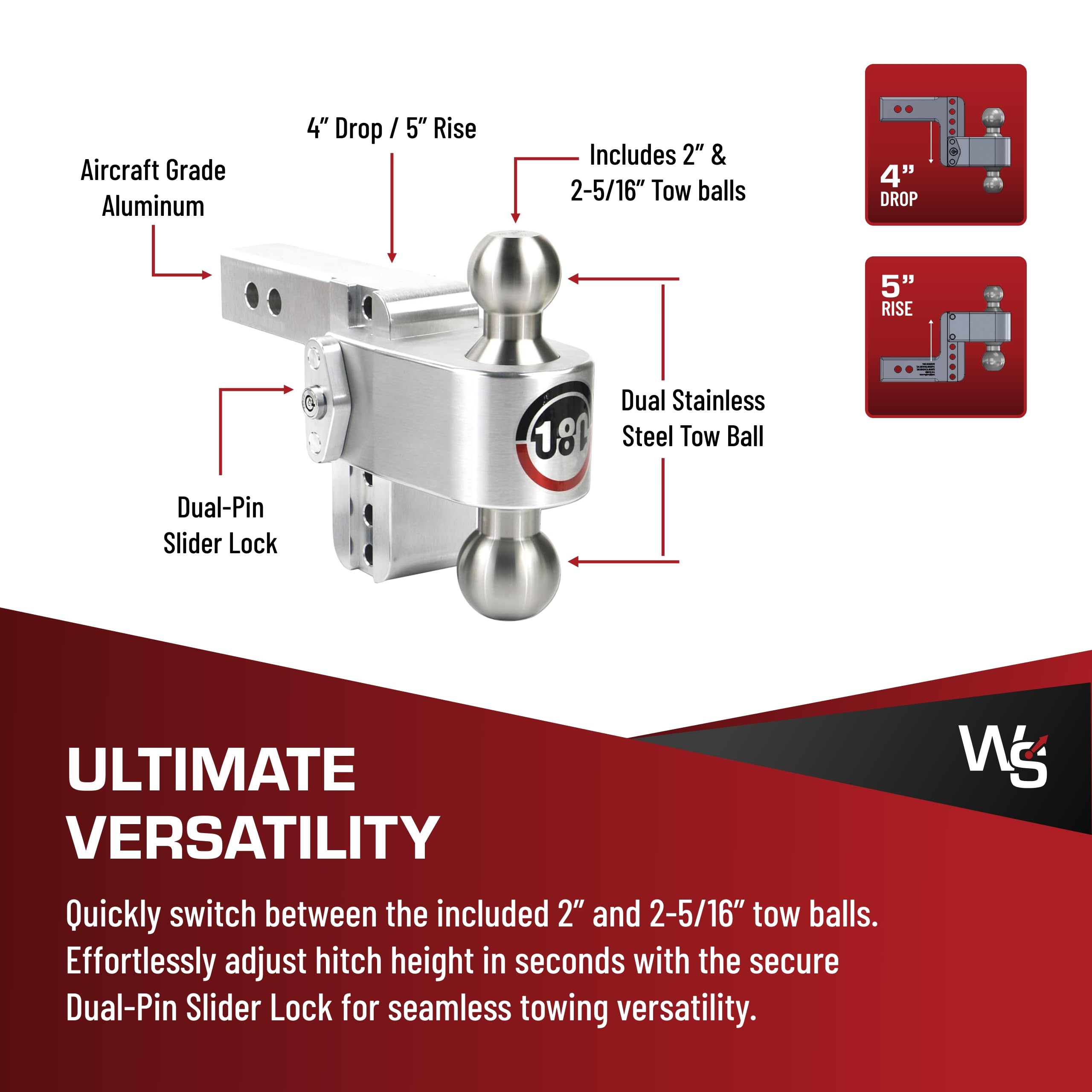 Weigh Safe Adjustable Hitch Trailer Ball Mount, 4" Adjustable Drop Hitch for 2.5" Receiver w/ 2 pc Keyed Alike Lock Set, Heavy Duty Aluminum Trailer Tow Hitch w/Stainless Steel Tow Balls, 18,500 GTW