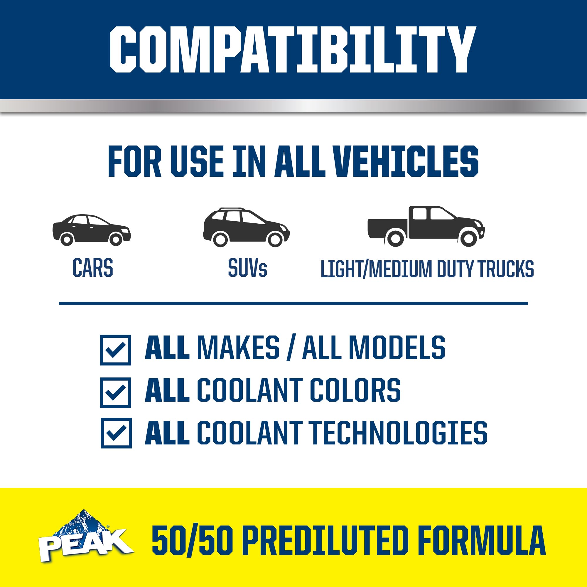 All Vehicles PEAK 50/50 Prediluted Antifreeze and Coolant for All Engine Cooling Systems, Long-Lasting Yellow Engine Coolant/Antifreeze for Year-Round Engine Protection, 1 Gal.