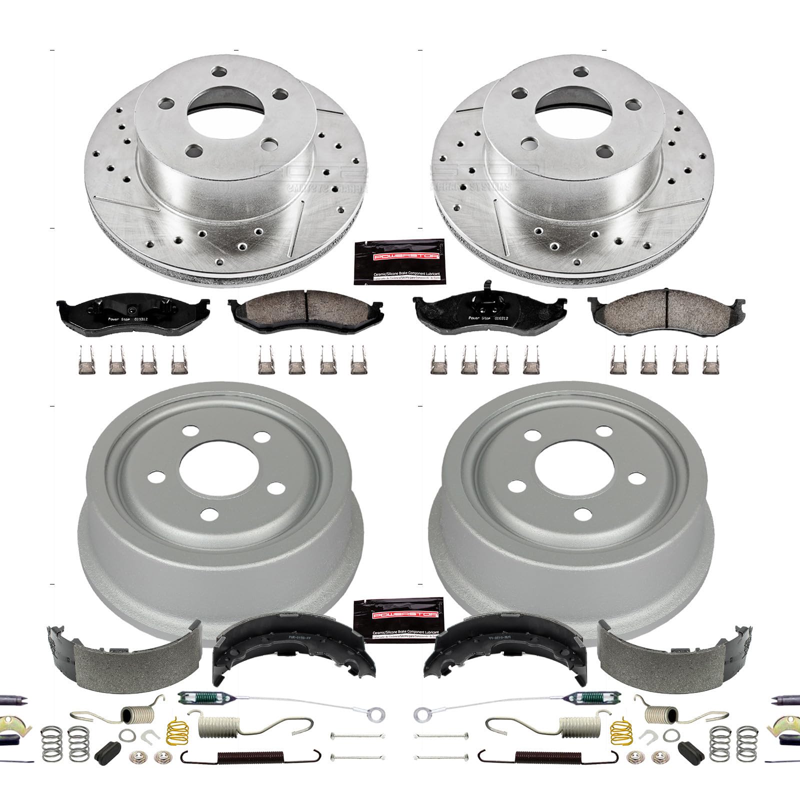 Power Stop K15073DK Z23 Carbon Fiber Brake Pads Front and Rear with Drilled & Slotted Brake Drums Kit