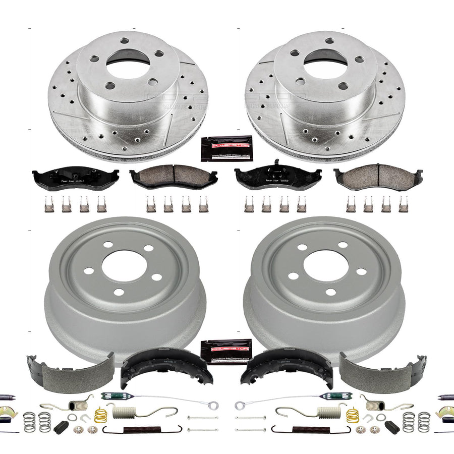 Power Stop K15073DK Z23 Carbon Fiber Brake Pads Front and Rear with Drilled & Slotted Brake Drums Kit