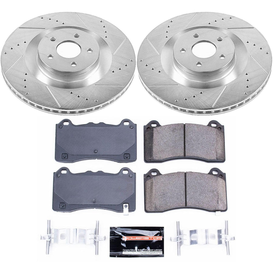 Power Stop K7318 Z23 Carbon Fiber Brake Pads Front with Drilled & Slotted Brake Rotors Kit For Ford Focus 2016-2018 [Model Specific]