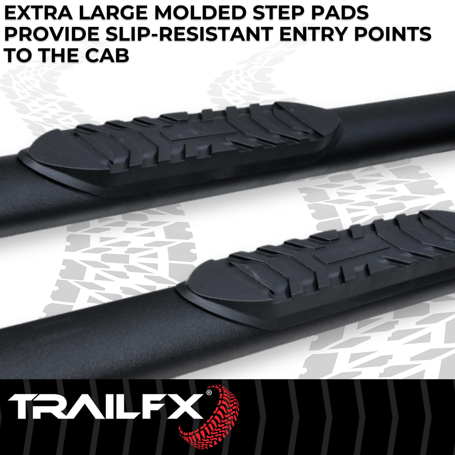 TrailFX Nerf Bar 4 Inch Oval Straight Fits 2024-2025 Toyota Tacoma Double Cab with Step Pads Rocker Panel Mount Powder Coated Titanium Matte Black Steel with Welded End Caps TrailFX T83A1559T