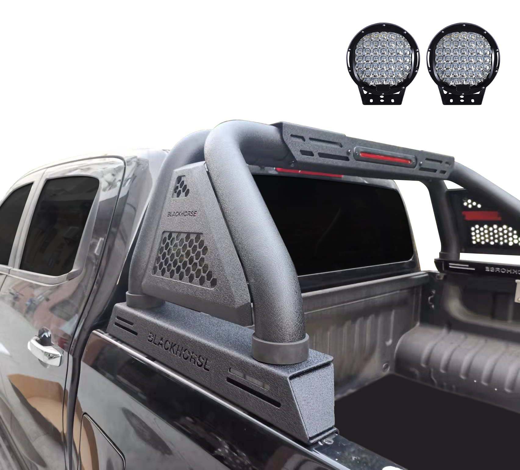 Classic PRO Black Horse Roll Bar Incl.Set of 9 Black Round LED Light Modular Textured Black Compatible with 2015-2024 Toyota Tacoma-RB06MT-PL69B