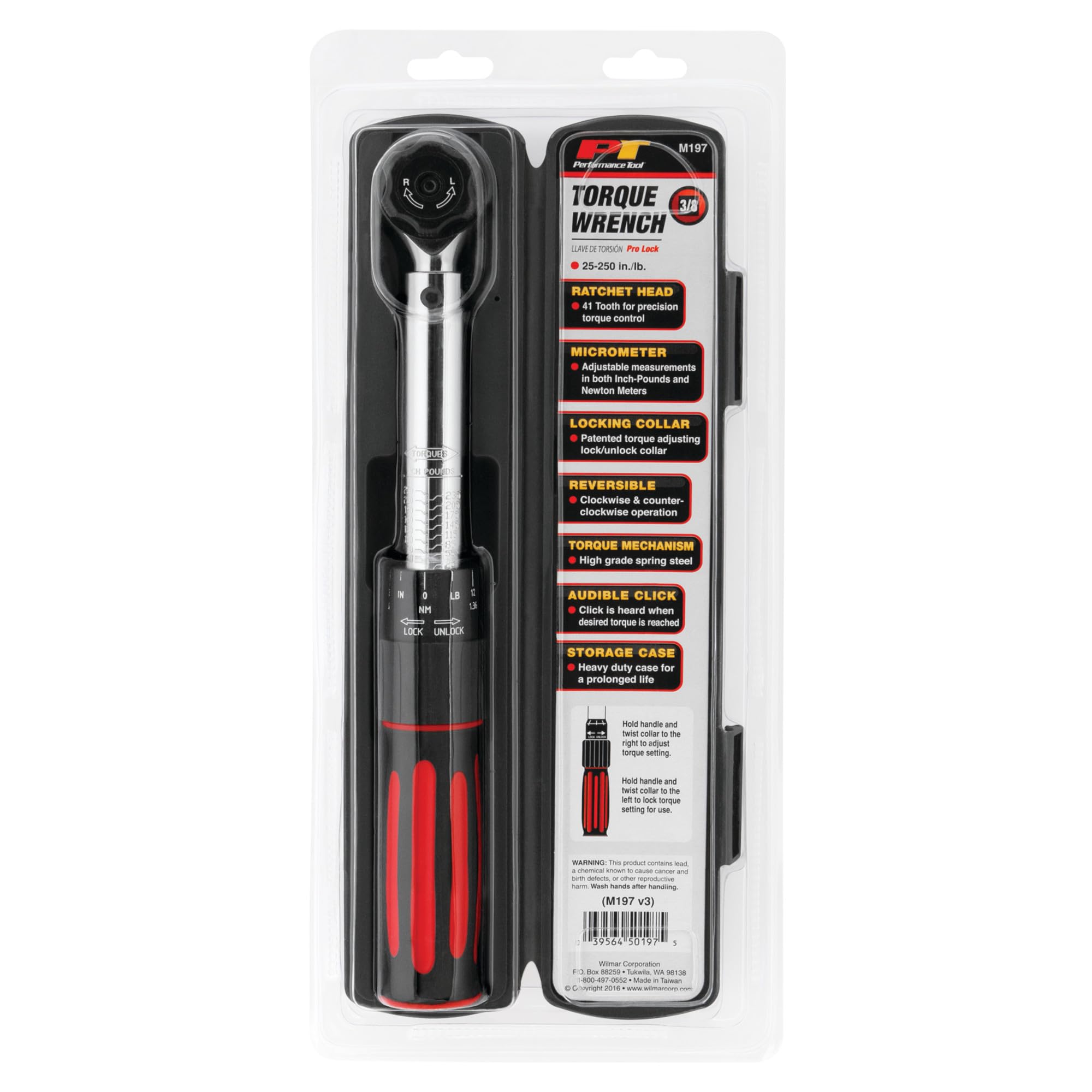 M197 Performance Tool 3/8-Inch Drive Torque Wrench 250 inch/lb. - Dual Scale, Audible Click, Precision Ratchet
