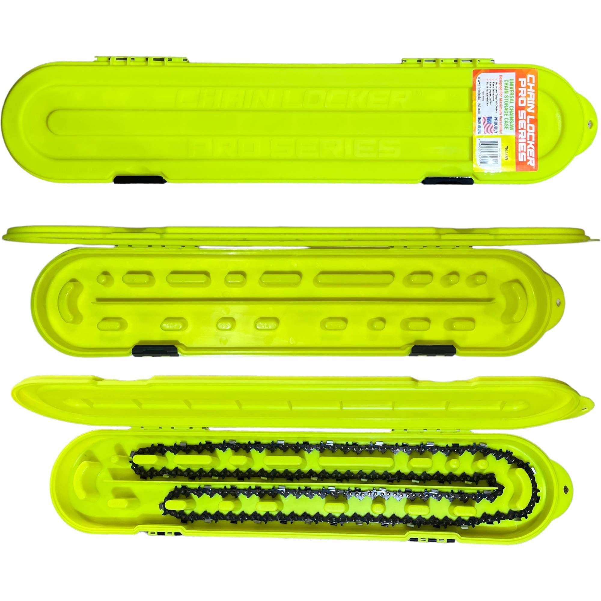 Universal Portable Saw Chain Storage Case - Pro Series for Long Blades, Double Row, Double-Sided for Sharp & Dull Chains, 2 Inches Tall, Made in USA - High-Vis Yellow - Holiday Gift for Family