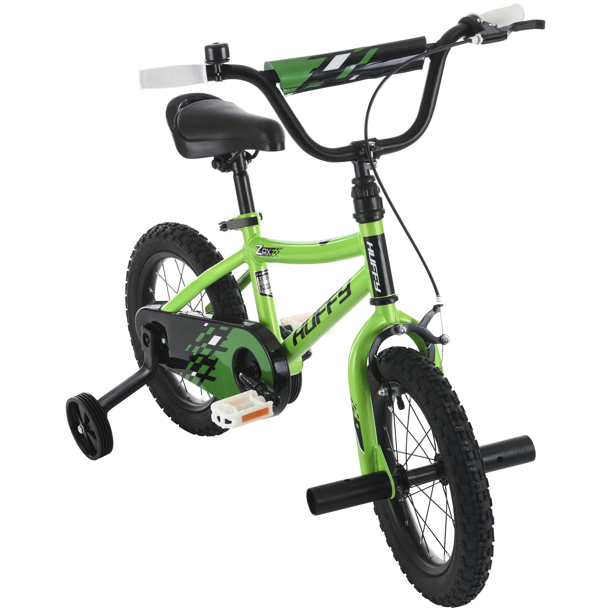 Huffy 14” Kid’s BMX Bike ZRX with Pegs, Training Wheels, Handlebar Bell, Green