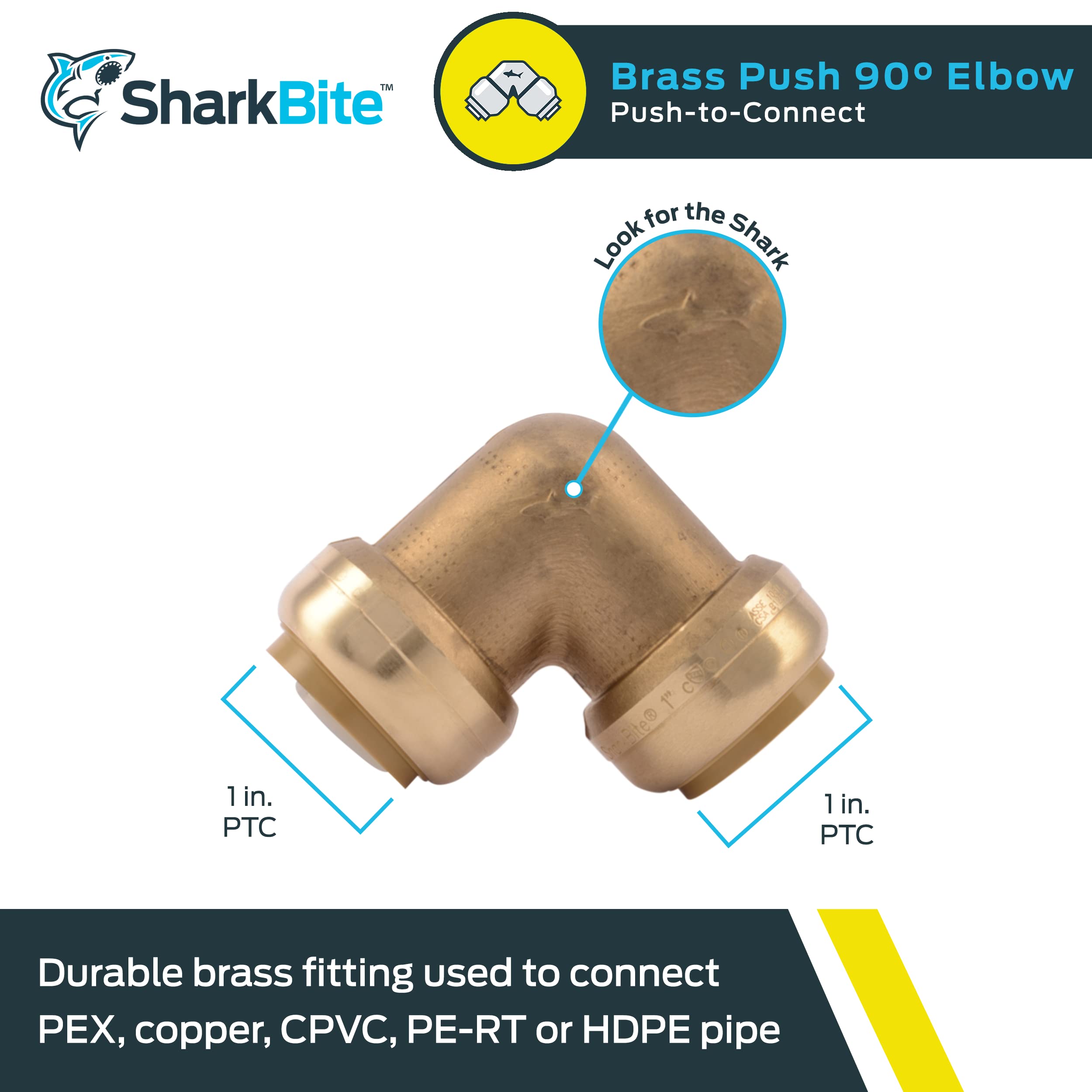 90 Degree Elbow SharkBite 1 Inch, Push to Connect Brass Plumbing Fitting, PEX Pipe, Copper, CPVC, PE-RT, HDPE, U260LFA