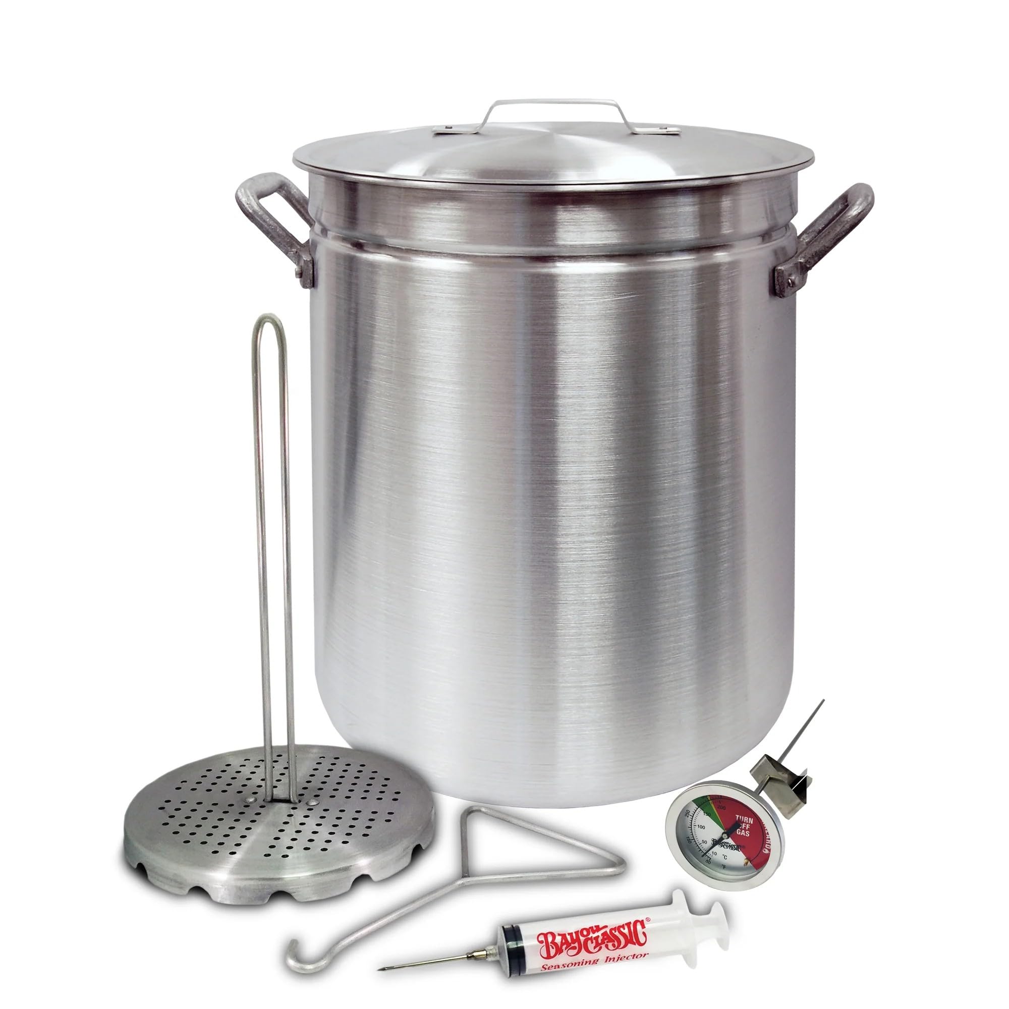 Bayou Classic 4225 Grand Gobbler 42-qt Aluminum Turkey Features Vented Lid Heavy-Duty Riveted Handles Perforated Poultry Rack 12-in Stainless Fry Thermometer 2-oz Seasoning Injector