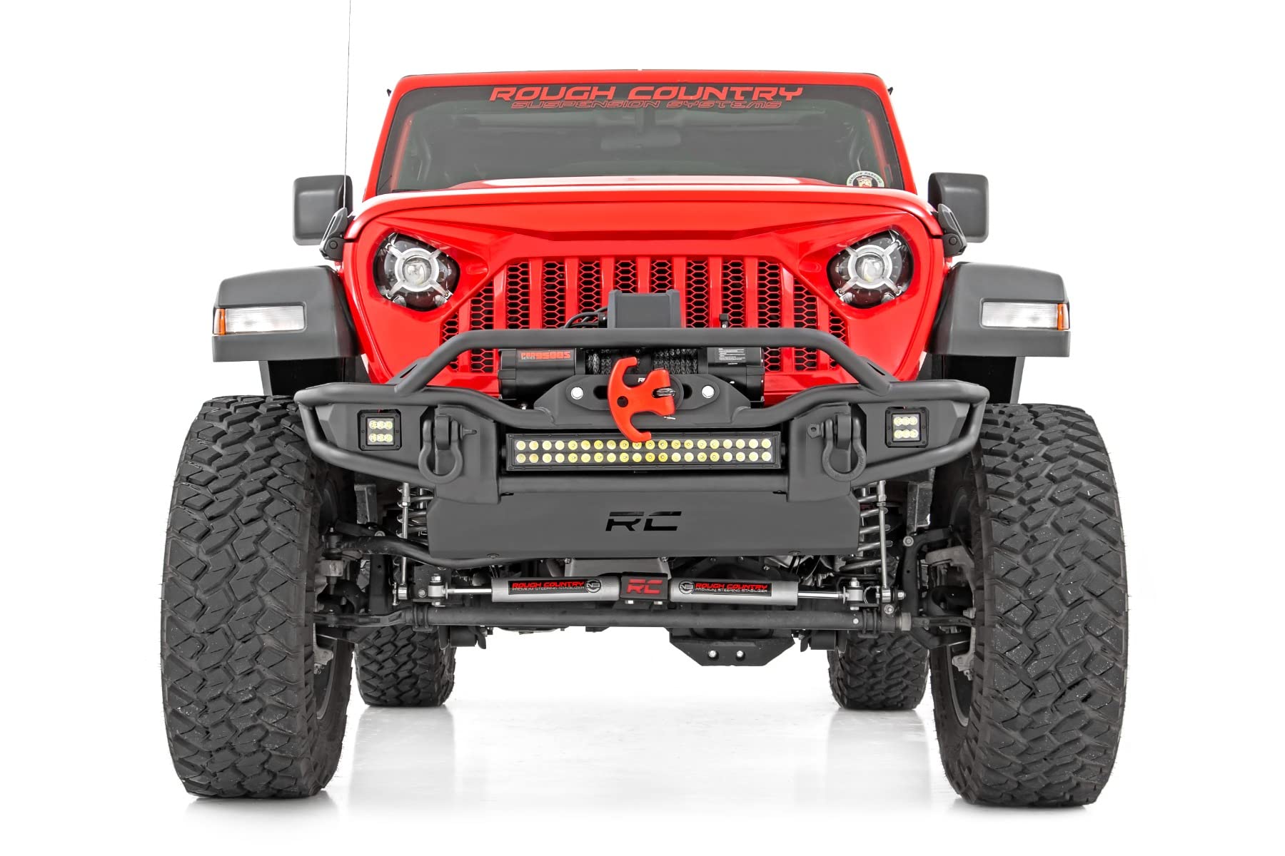 Tubular Rough Country Front Bumper for Jeep Gladiator JT/Wrangler JK & JL/Wrangler Unlimited (2007-2025) - Built-in LED Lights, Skid & Winch Plate
