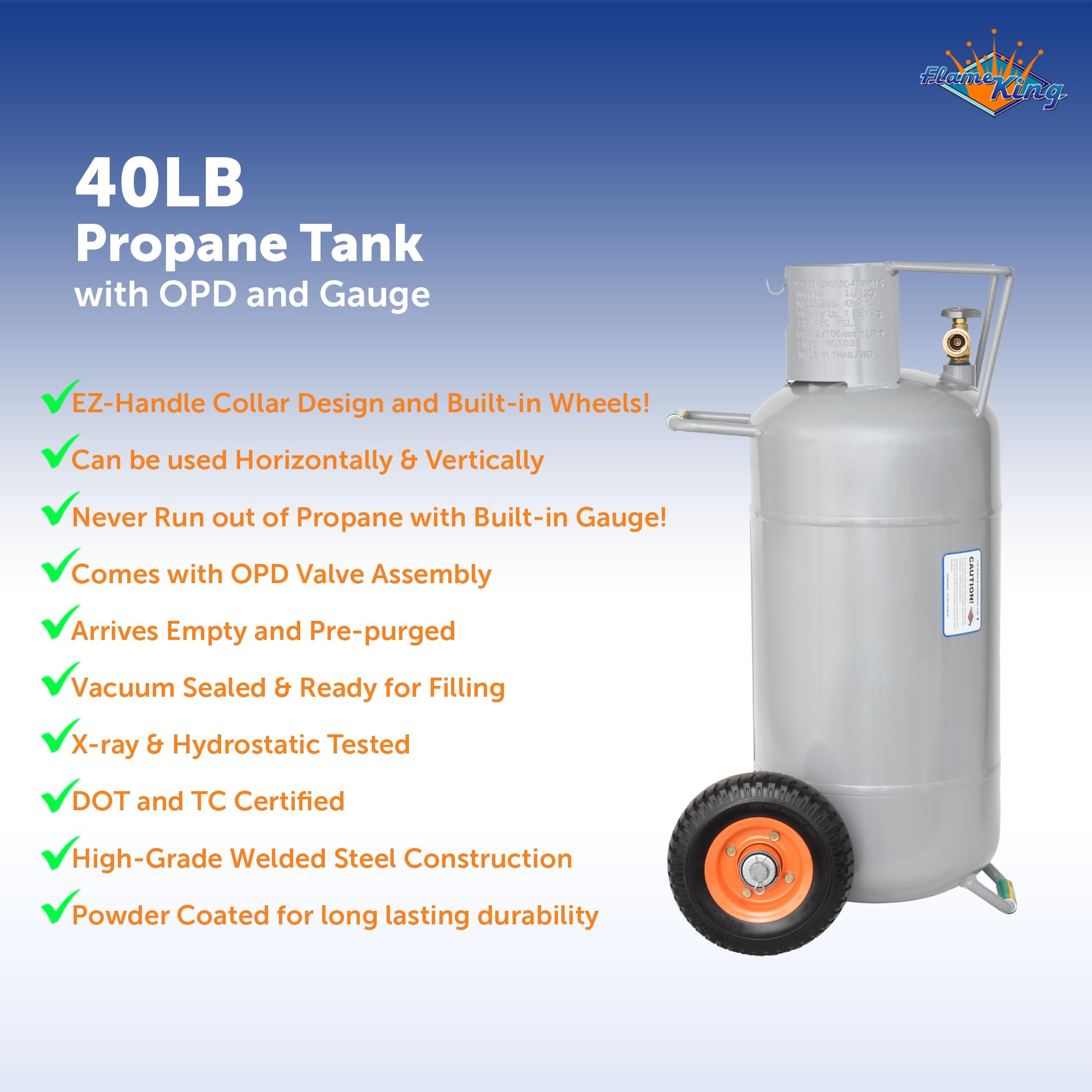 Flame King Empty 40LB Propane Tank with Wheels, Horizontal & Vertical LP Cylinder with Built-in Gauge for Fire Tables, Fire Pits, Patio Heaters, Barbeques, Lunch Trucks, Weed Torches and Truck Campers