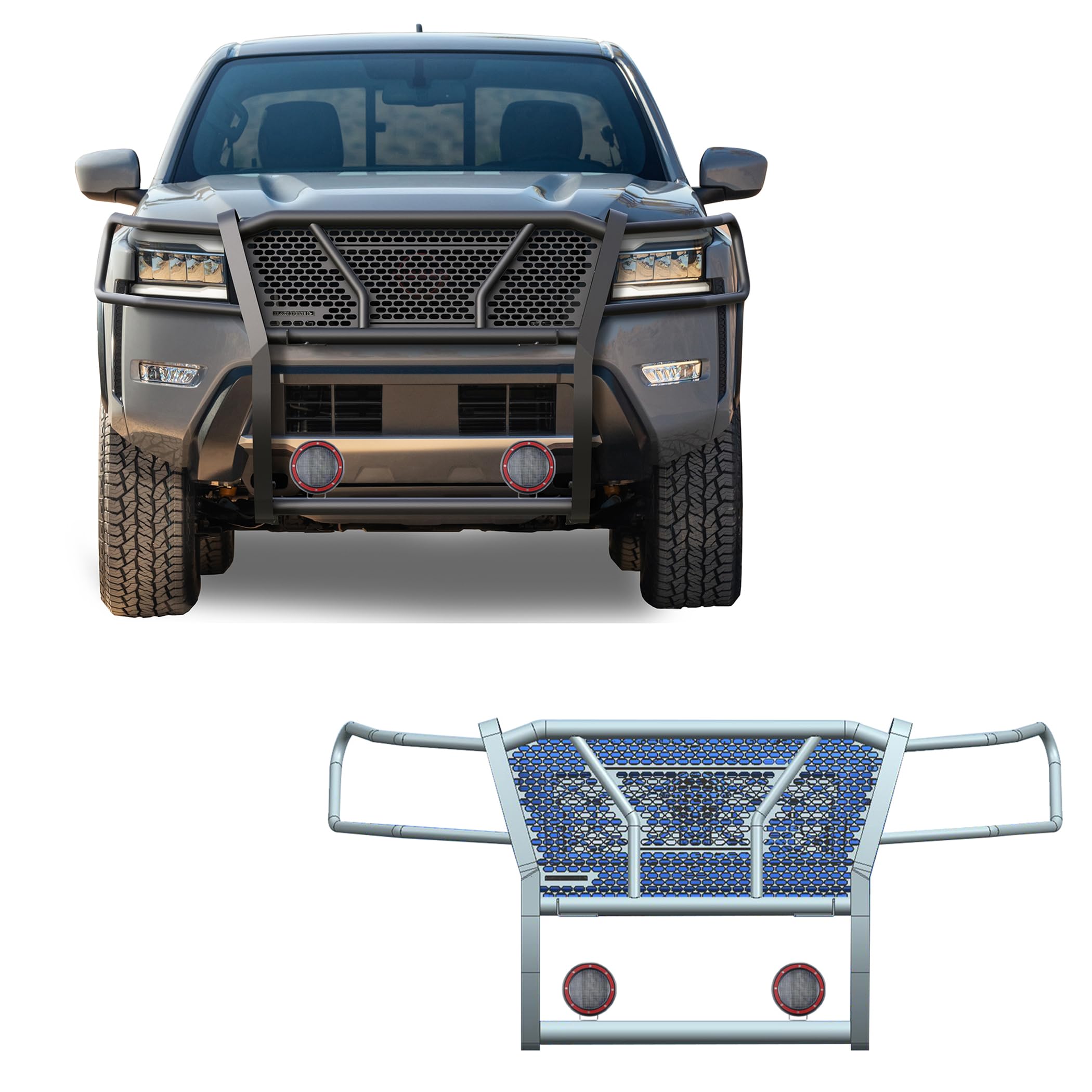 Heavy Duty Black Horse Rugged Grille Brush Bumper Guard Modular Black Come with Pair of 5.3" Dia.LED Lights with Red Trim Rings Compatible with 2022-2024 Nissan Frontier-RU-NIFR22-B-PLFR